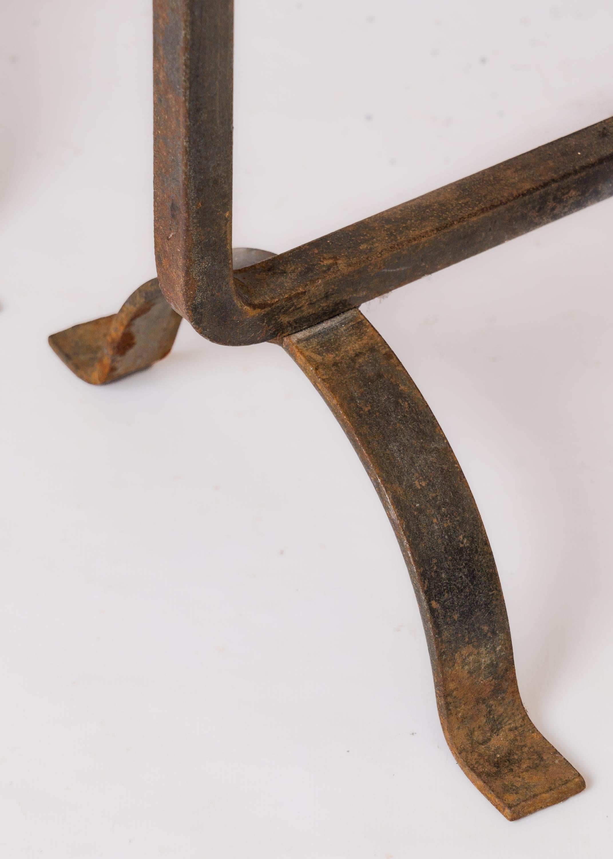 Pair of Hammered Bronze Balls & Wrought Iron Andirons - France 1980's For Sale 1