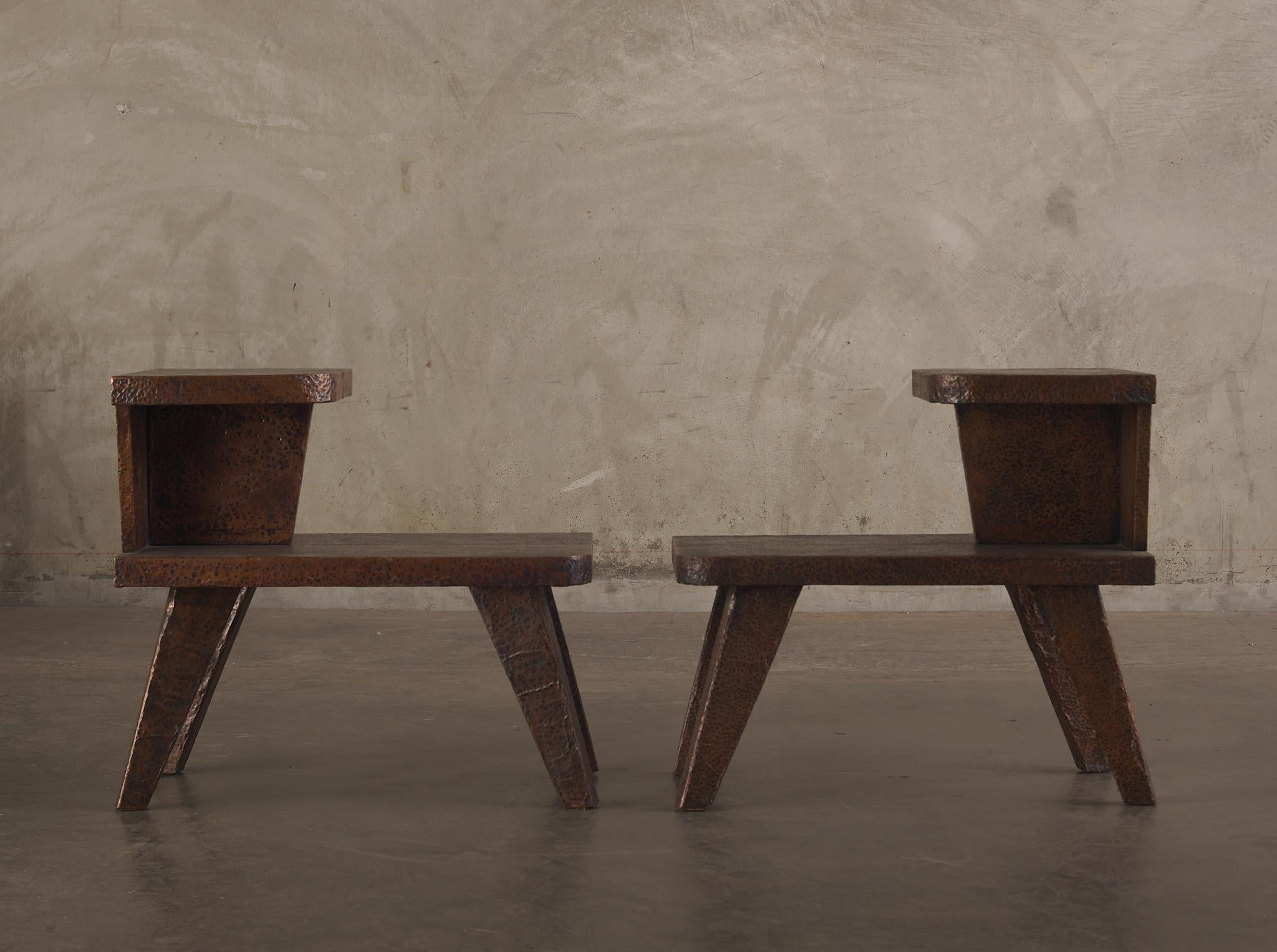Pair of Hammered Copper 2-Tier End Tables In Good Condition In Los Angeles, CA