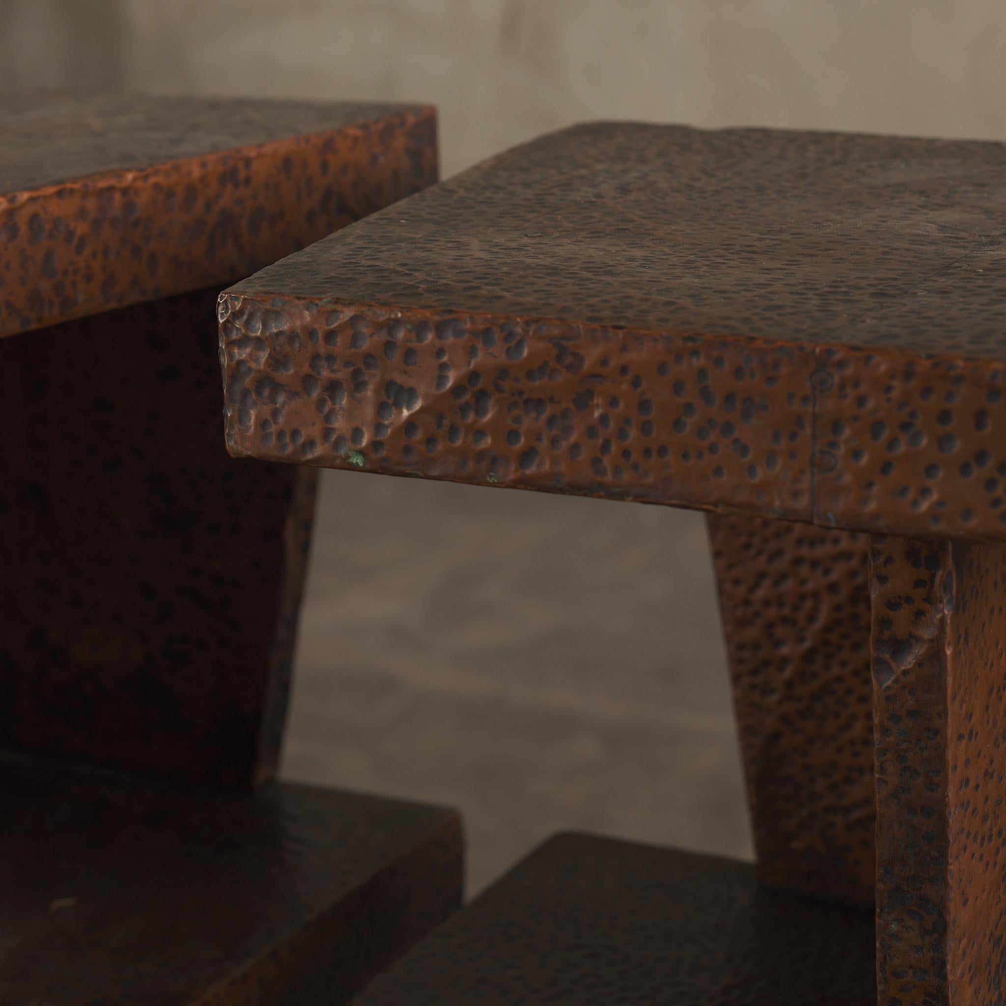 20th Century Pair of Hammered Copper 2-Tier End Tables