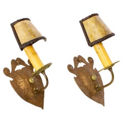 Antique Pair of Hammered Copper and Brass Arts and Crafts Sconces with Mica Shades