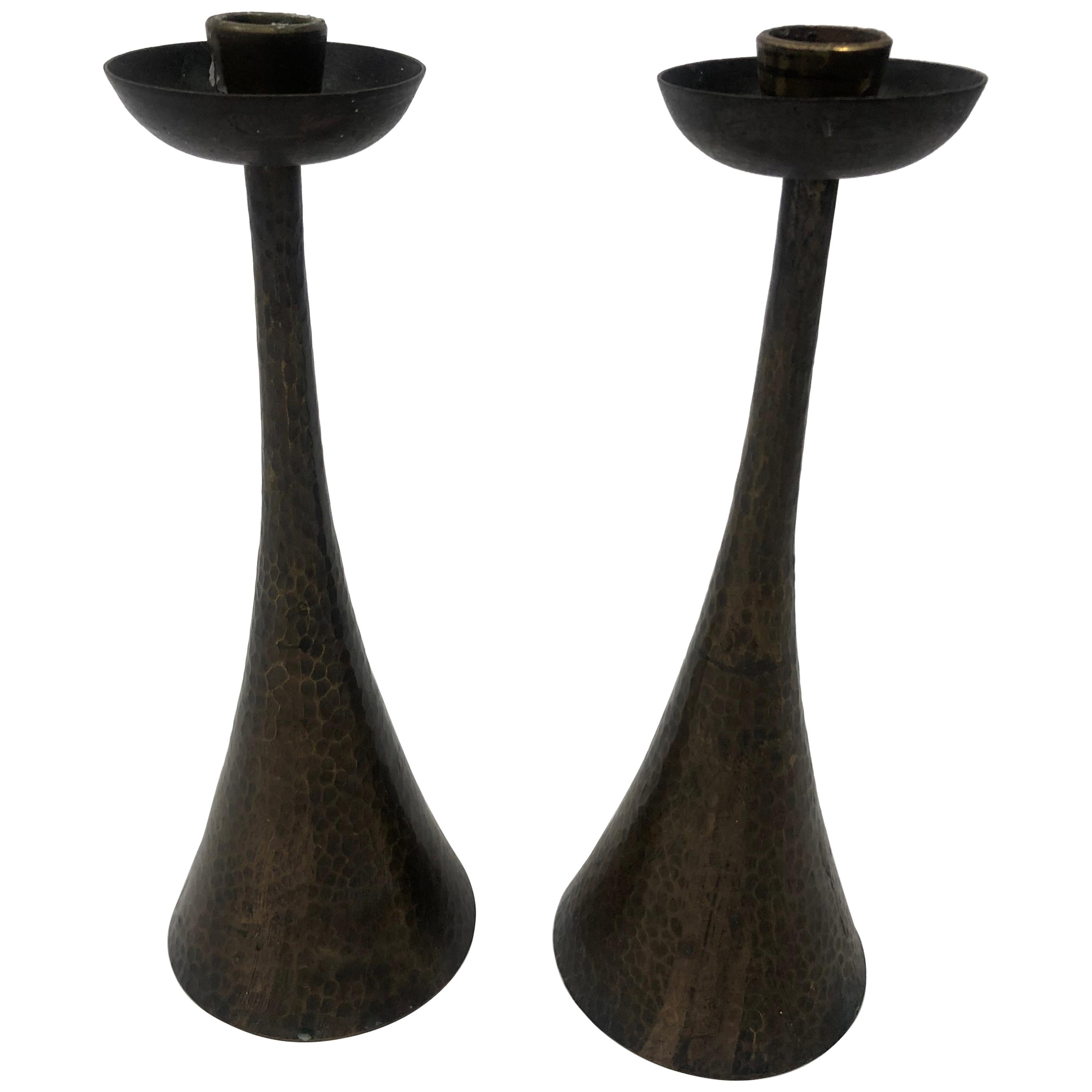 Pair of Hammered Copper Arts & Crafts Candlesticks For Sale