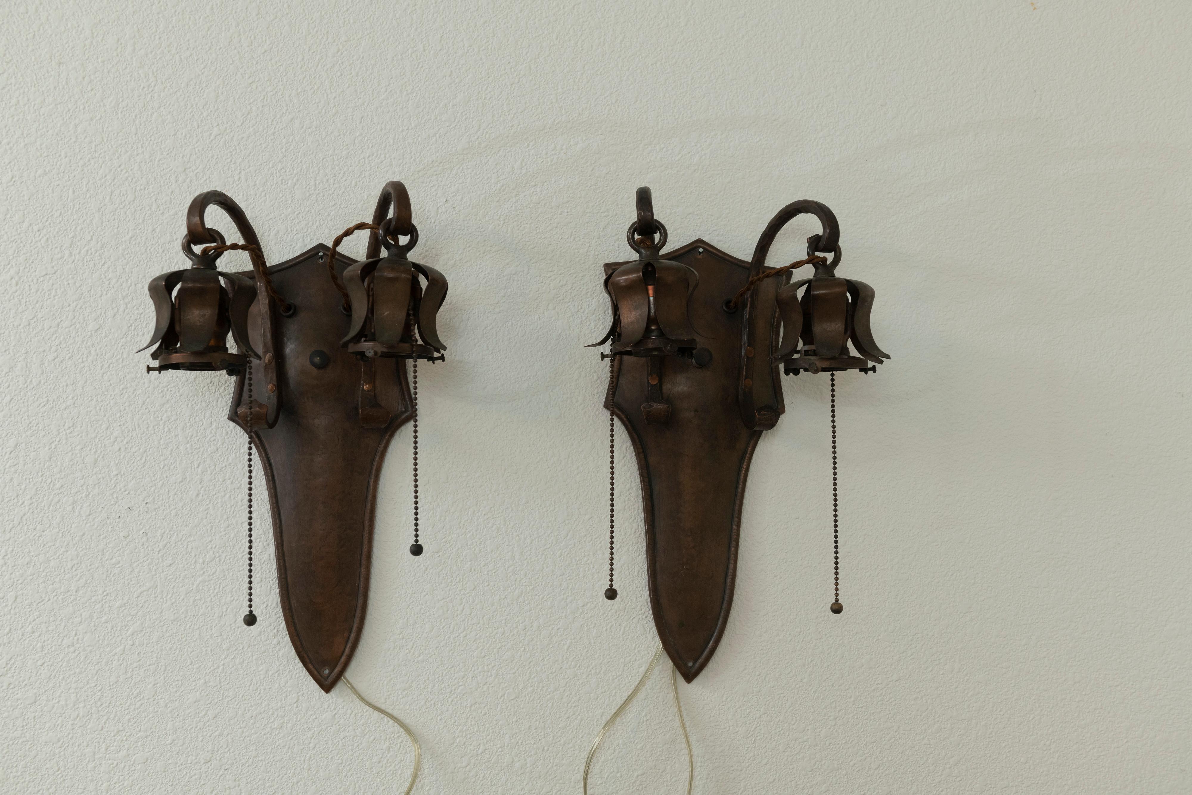 Pair of Hammered Copper Arts & Crafts Sconces w/ Original Etched Shades ca. 1910 6
