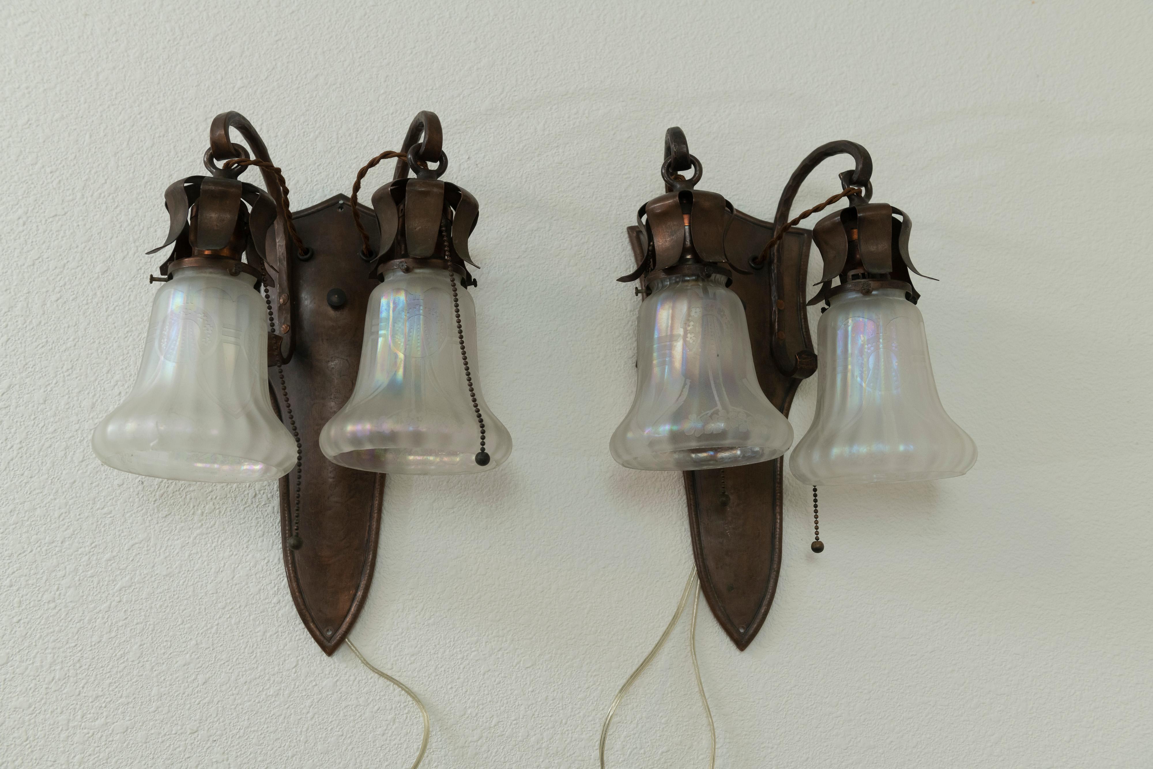 Early 20th Century Pair of Hammered Copper Arts & Crafts Sconces w/ Original Etched Shades ca. 1910