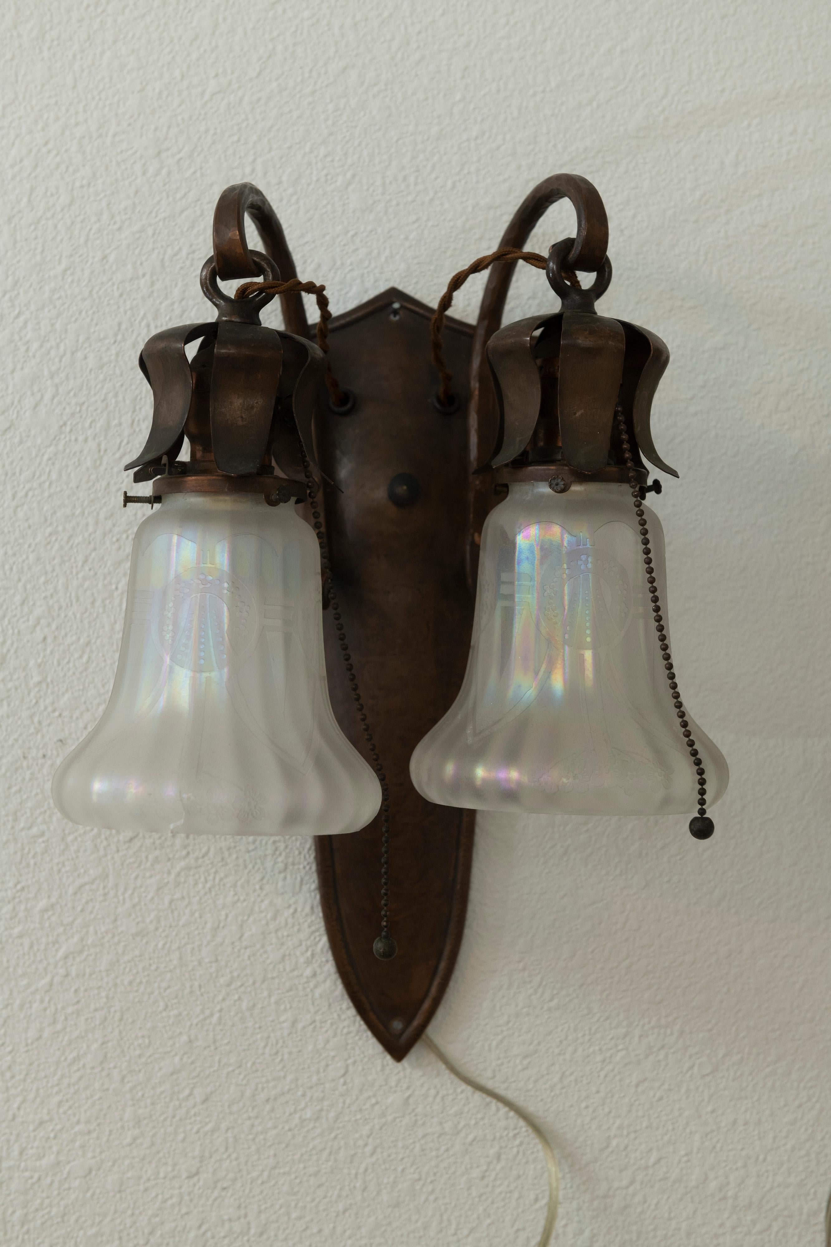Pair of Hammered Copper Arts & Crafts Sconces w/ Original Etched Shades ca. 1910 1
