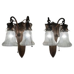 Pair of Hammered Copper Arts & Crafts Sconces w/ Original Etched Shades ca. 1910