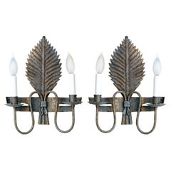 Vintage Pair Of Hammered Copper Leaf Form Double Wall Sconces