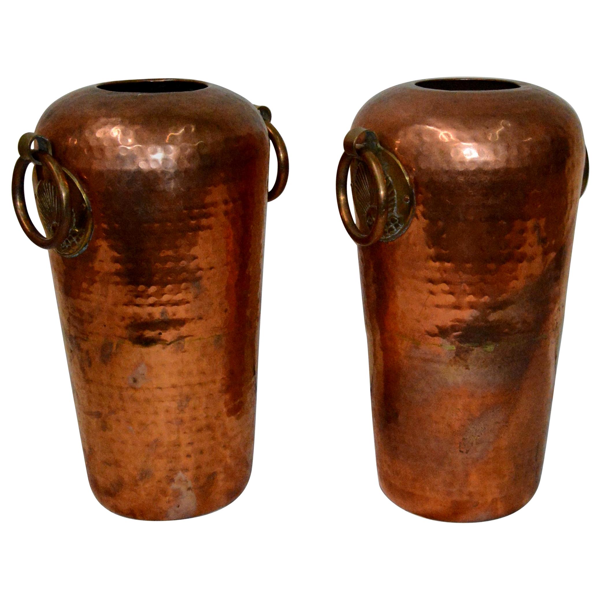Pair of Hammered Copper Vases with Egyptian Details For Sale at 1stDibs