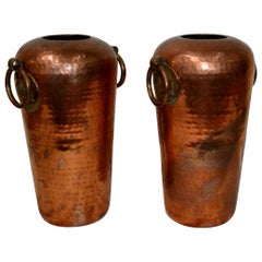 Vintage Pair of Hammered Copper Vases with Egyptian Details