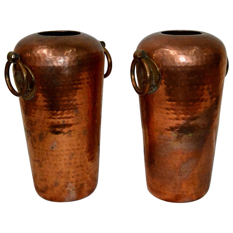 Pair of Hammered Copper Vases with Egyptian Details For Sale at 1stDibs