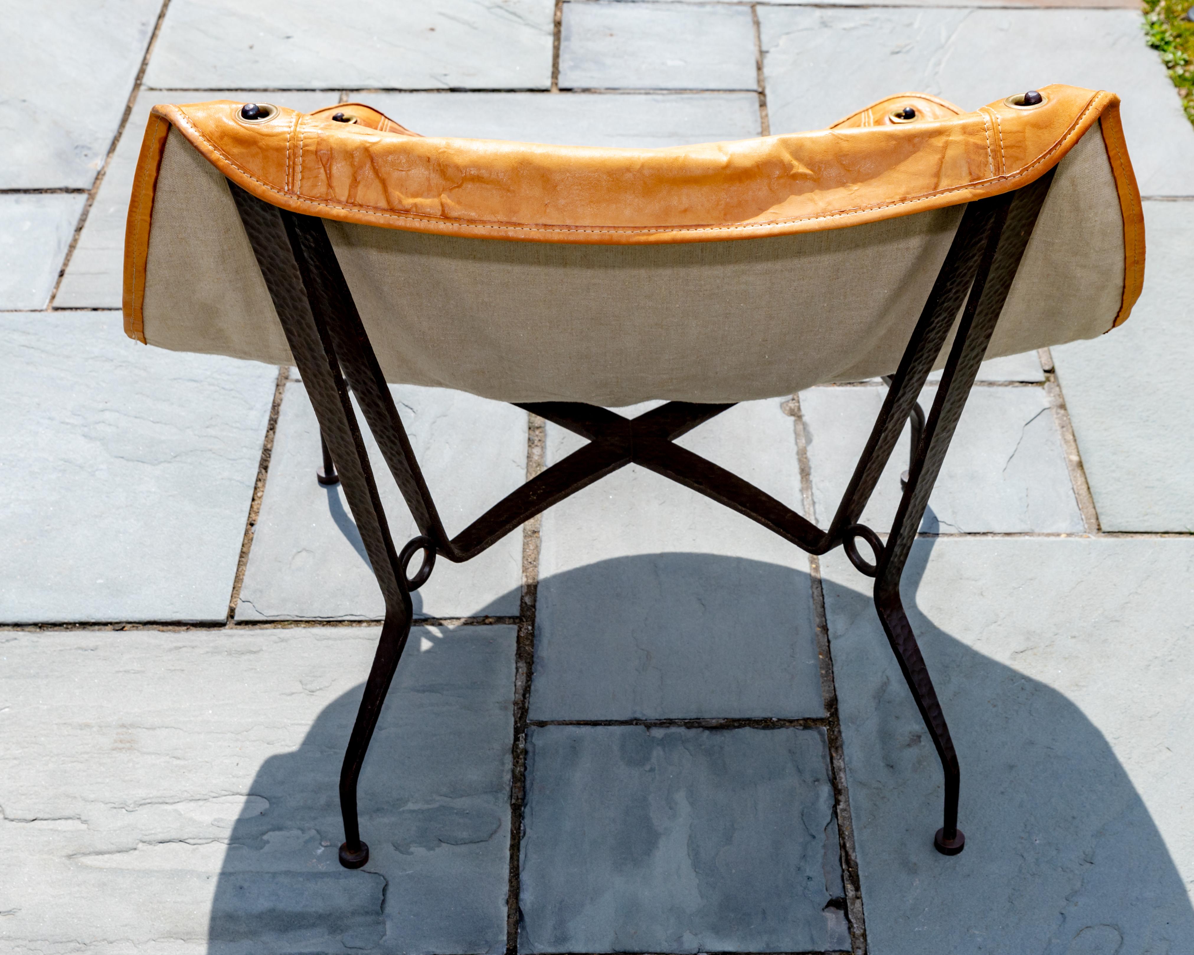 Pair of Hammered Frame Iron Chairs with Suspended Leather Seats In Good Condition In Bridgehampton, NY