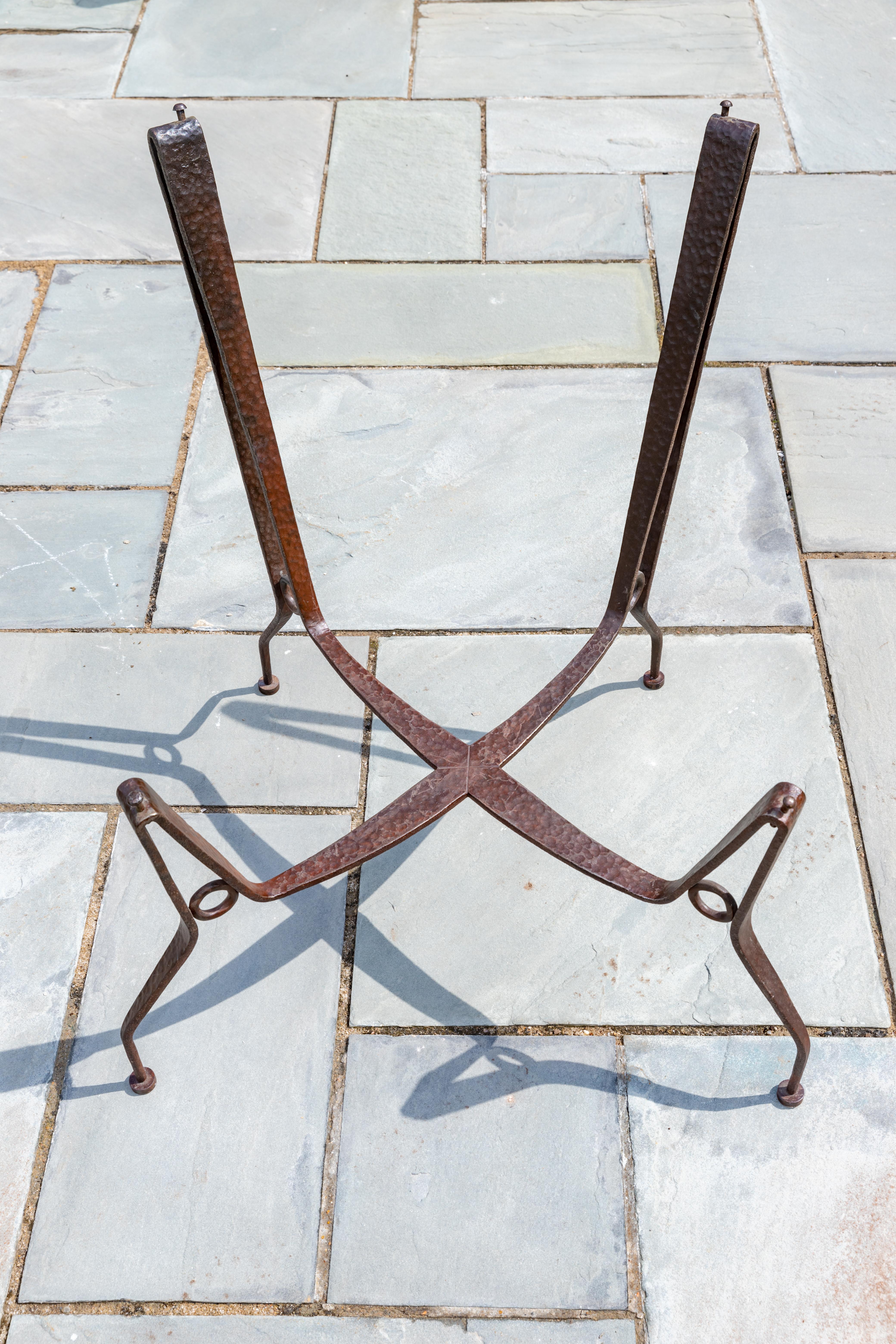 Pair of Hammered Frame Iron Chairs with Suspended Leather Seats 1