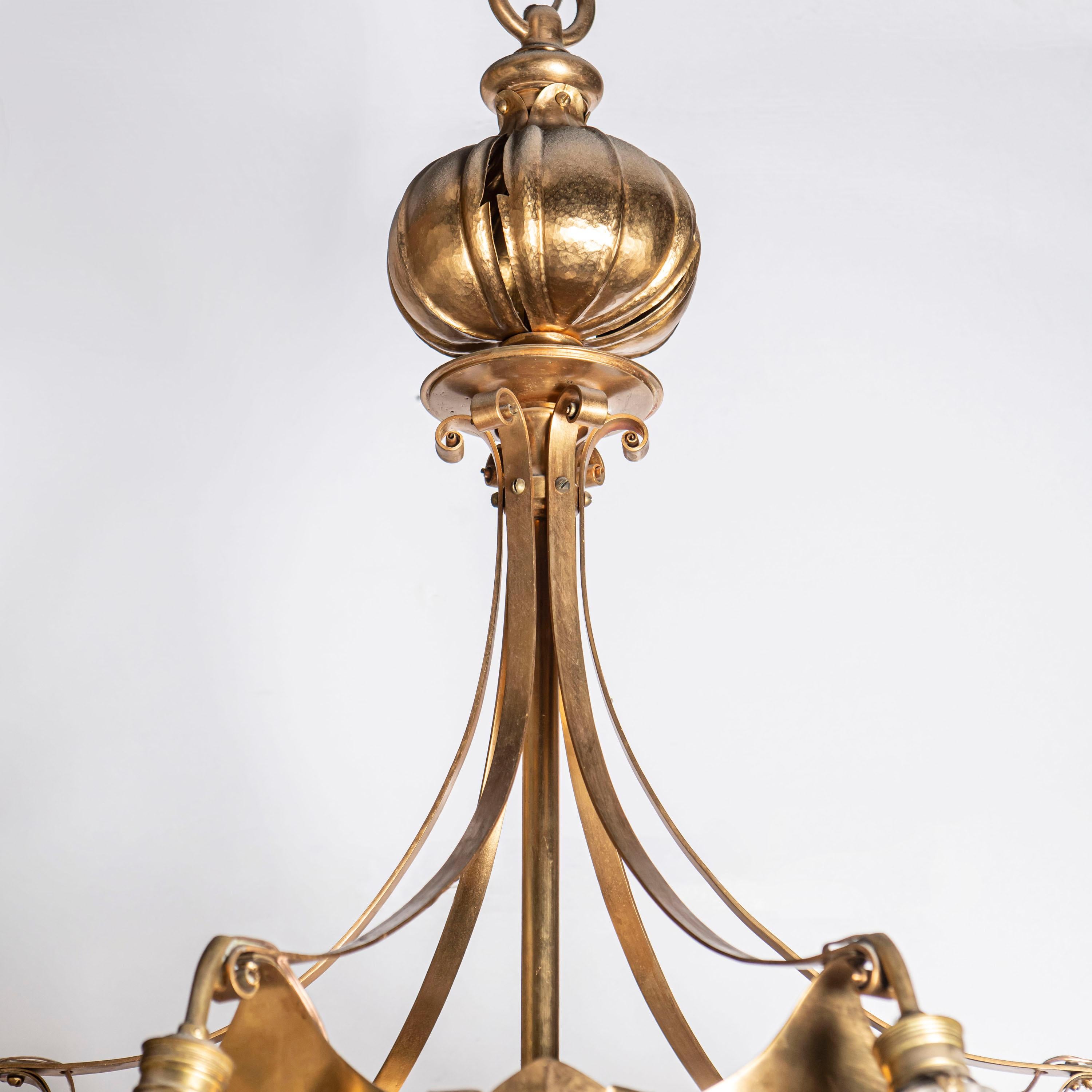 French Pair of Hammered Gilt Bronze and Glass Chandeliers, France, Early 20th Century For Sale