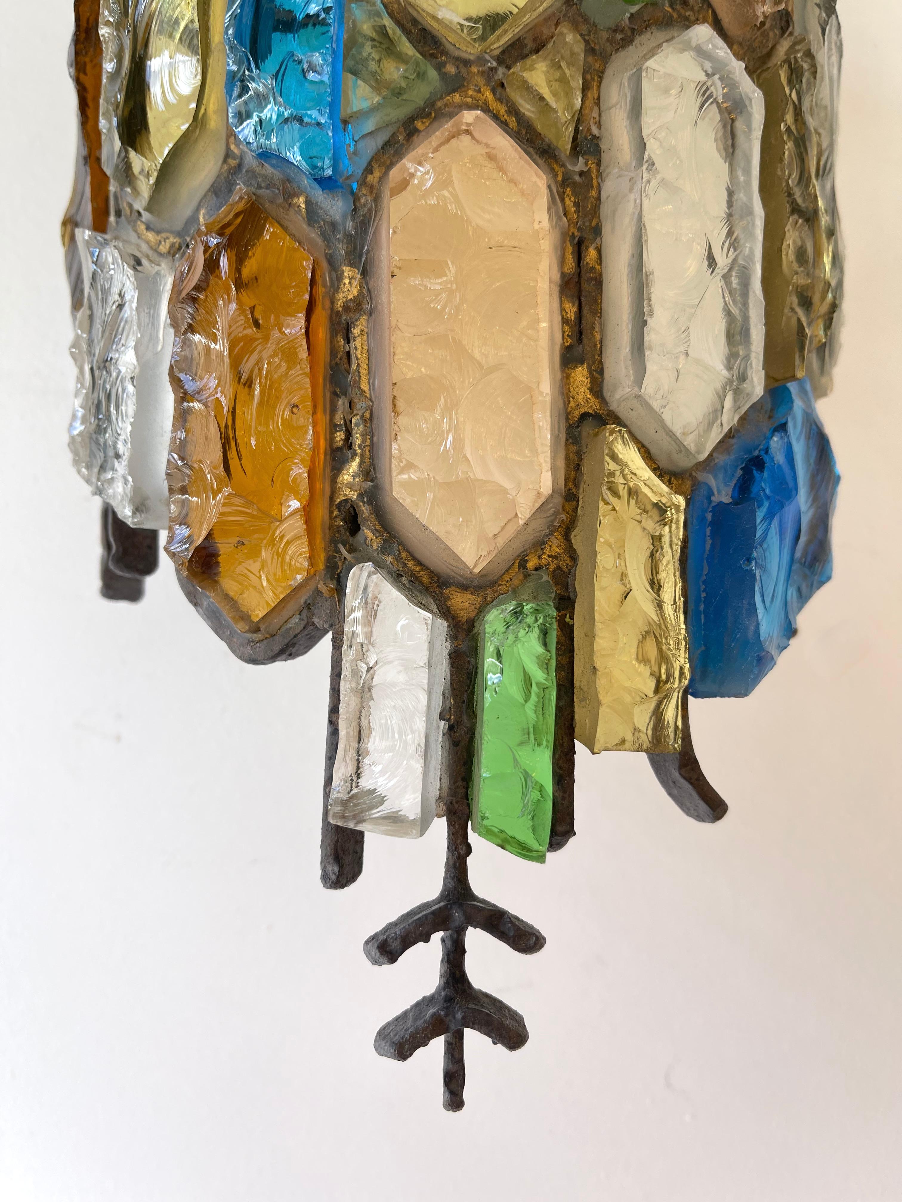 Pair of Hammered Glass and Gilt Iron Sconces by Longobard, Italy, 1970s 5