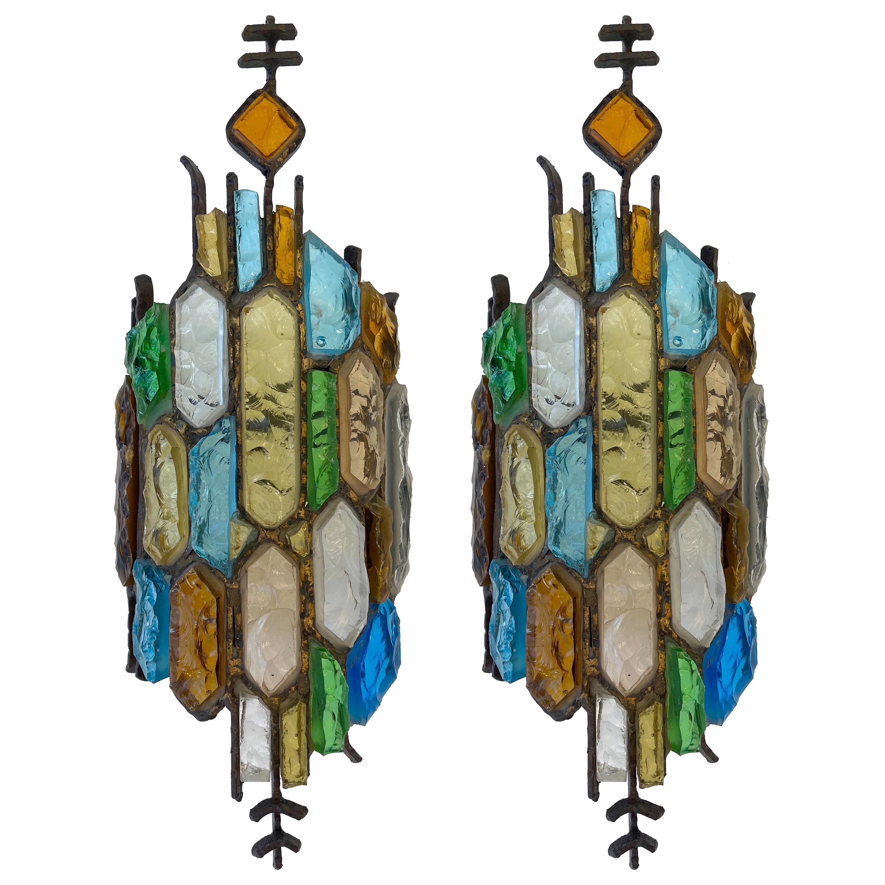Pair of Hammered Glass and Gilt Iron Sconces by Longobard, Italy, 1970s
