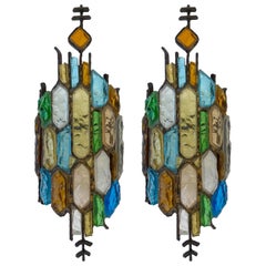 Pair of Hammered Glass and Gilt Iron Sconces by Longobard, Italy, 1970s