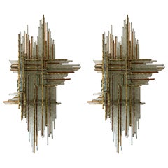 Pair of Hammered Glass and Gilt Metal by Biancardi & Jordan, Italy, 1970s