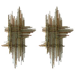 Pair of Hammered Glass and Gilt Metal by Biancardi & Jordan, Italy, 1970s