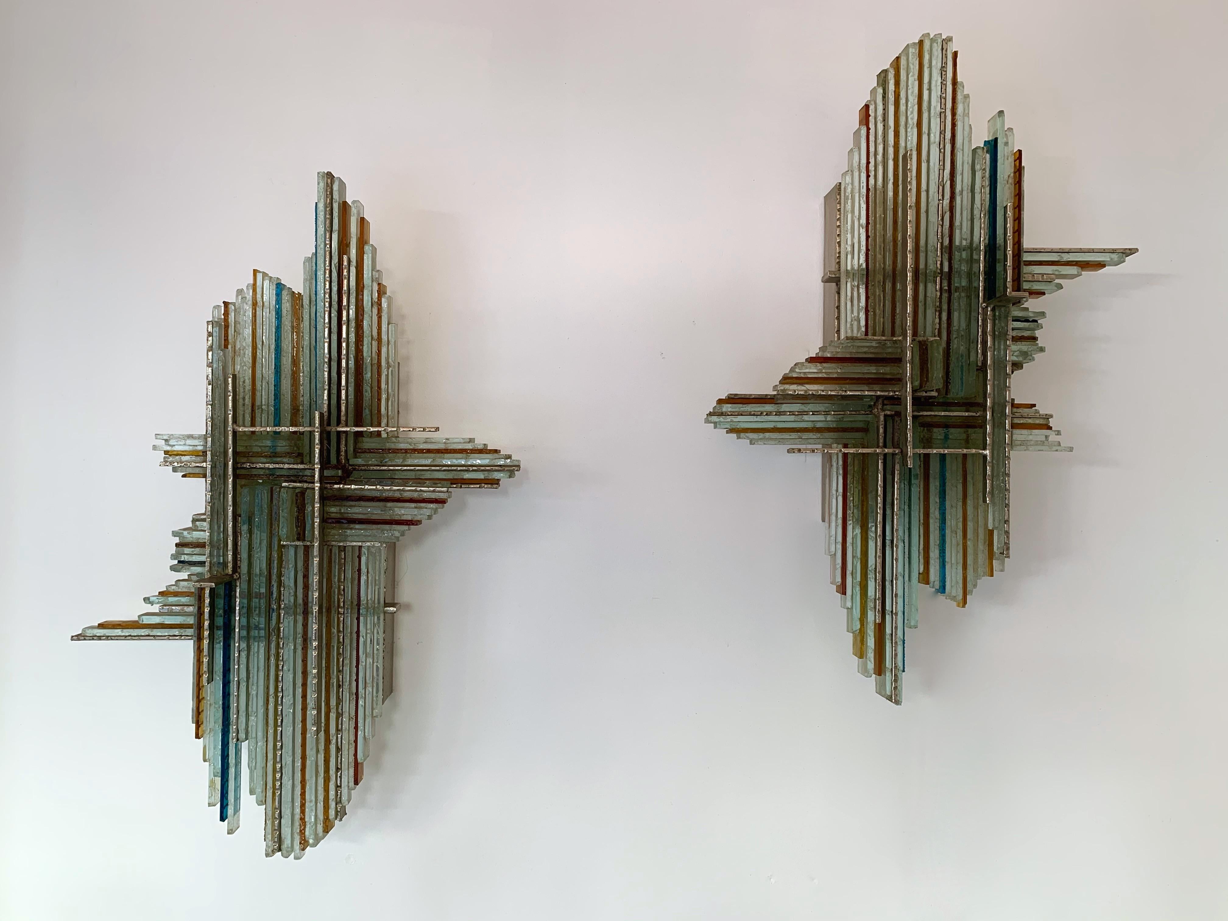 Pair of Hammered Glass and Metal by Biancardi & Jordan, Italy, 1970s 2