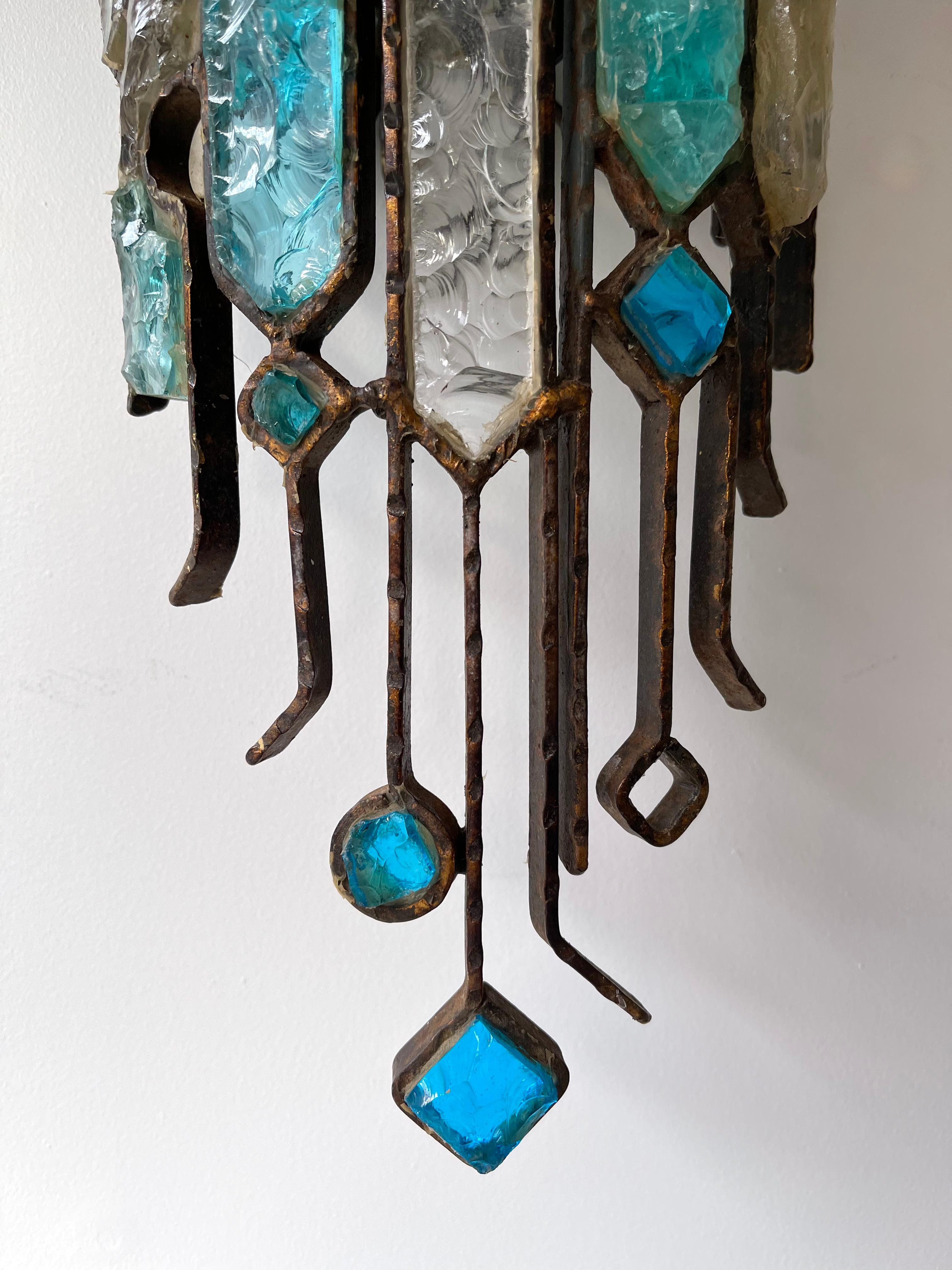 Pair of Hammered Glass and Wrought Iron Sconces by Longobard, Italy, 1970s 5