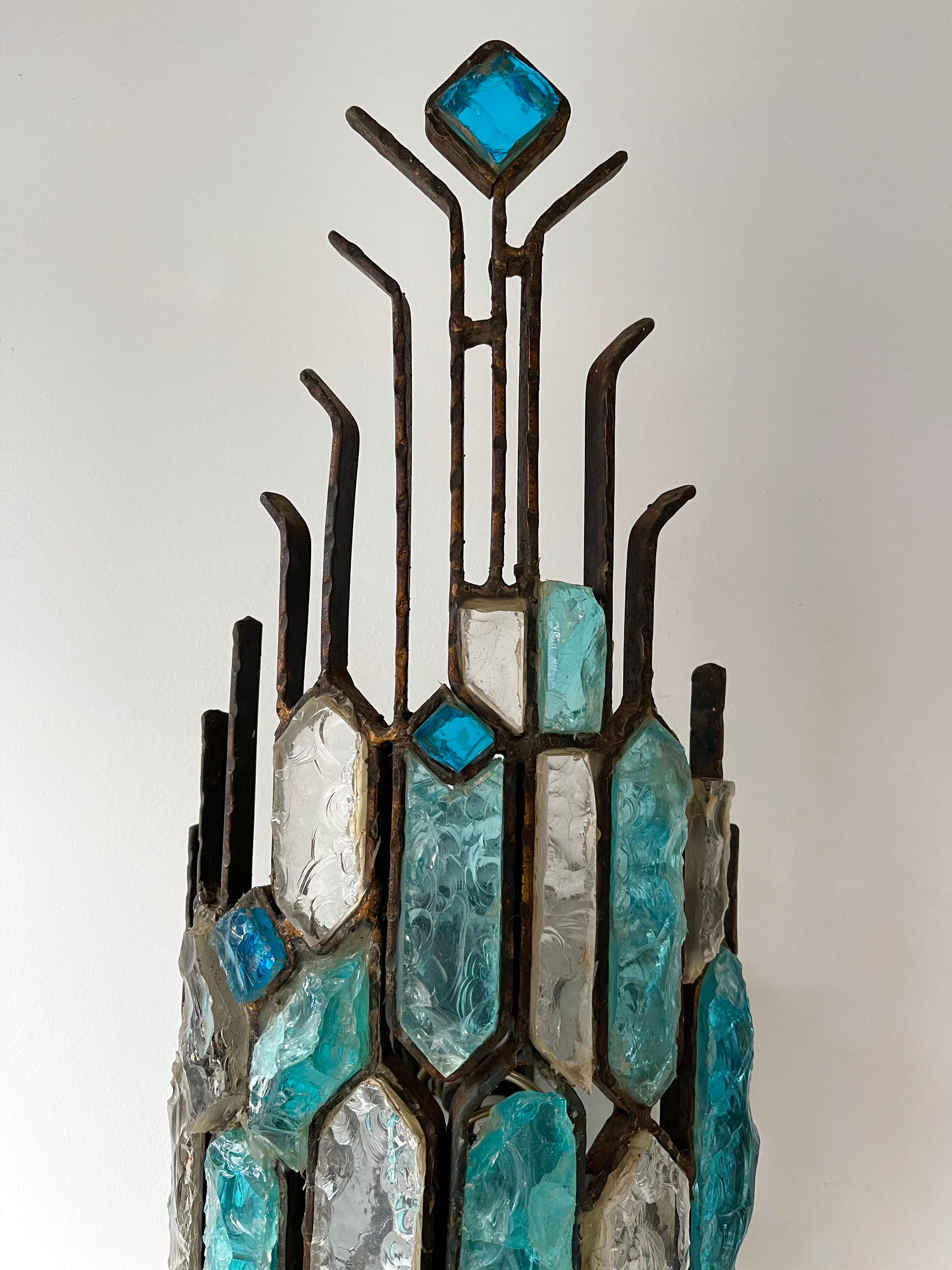 Brutalist Pair of Hammered Glass and Wrought Iron Sconces by Longobard, Italy, 1970s