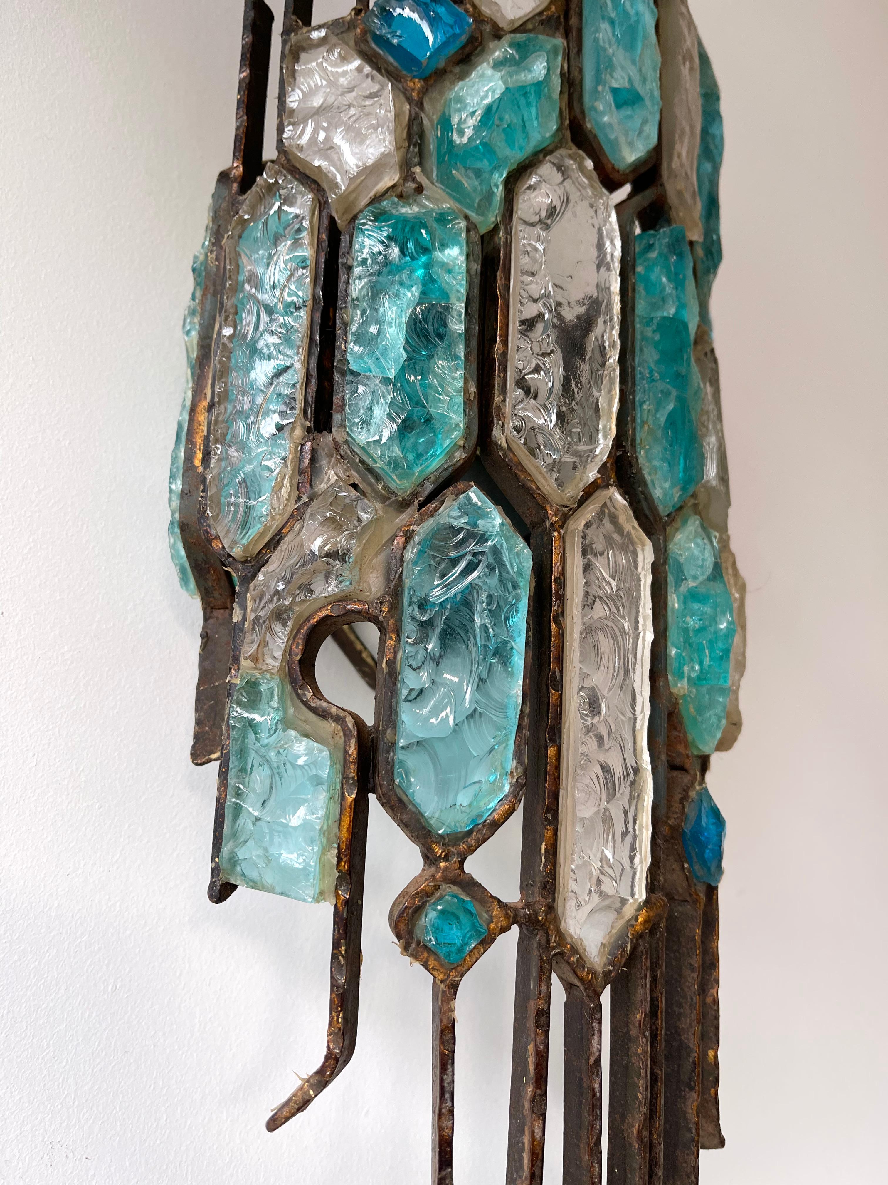 Italian Pair of Hammered Glass and Wrought Iron Sconces by Longobard, Italy, 1970s