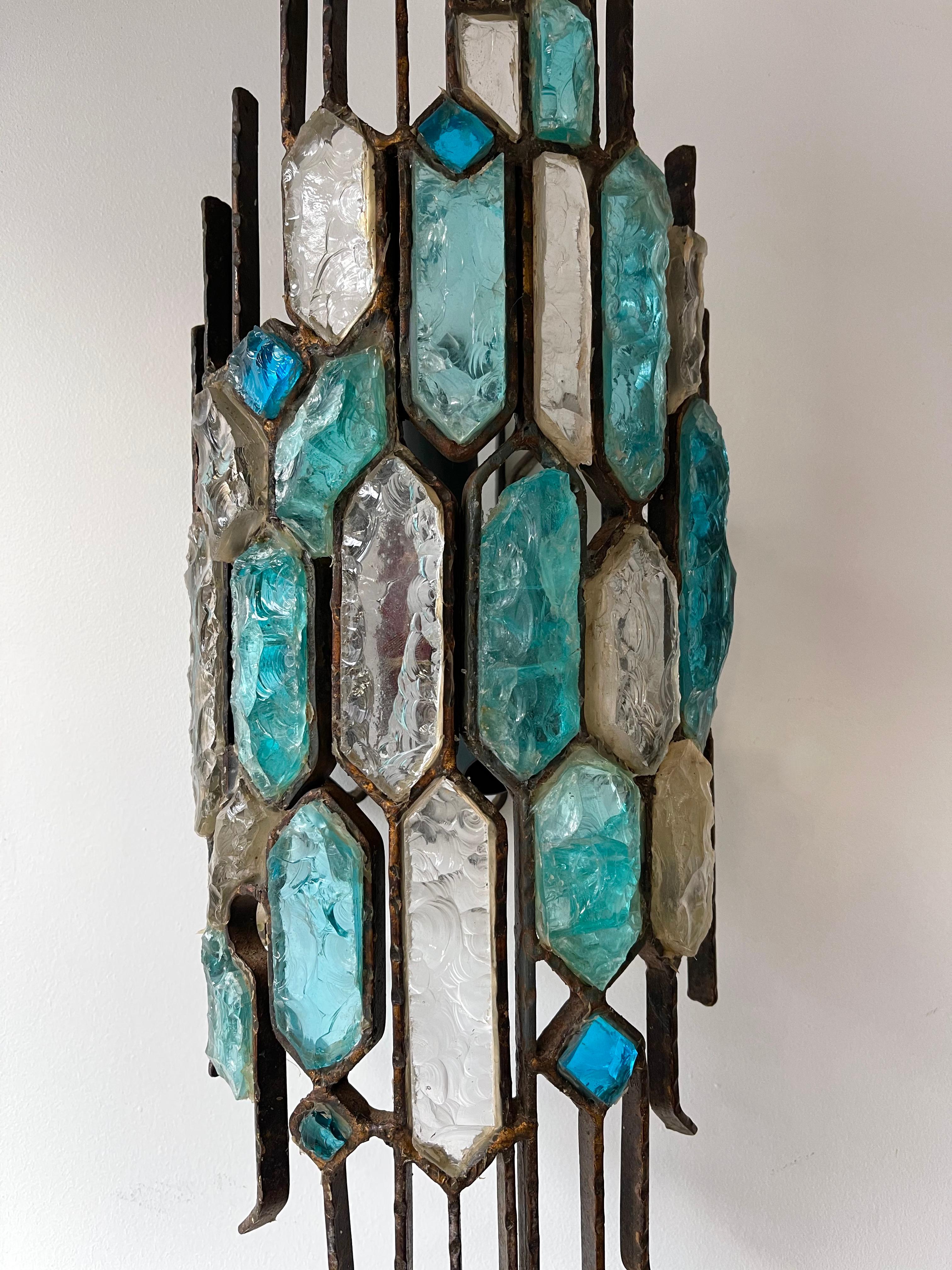 Late 20th Century Pair of Hammered Glass and Wrought Iron Sconces by Longobard, Italy, 1970s
