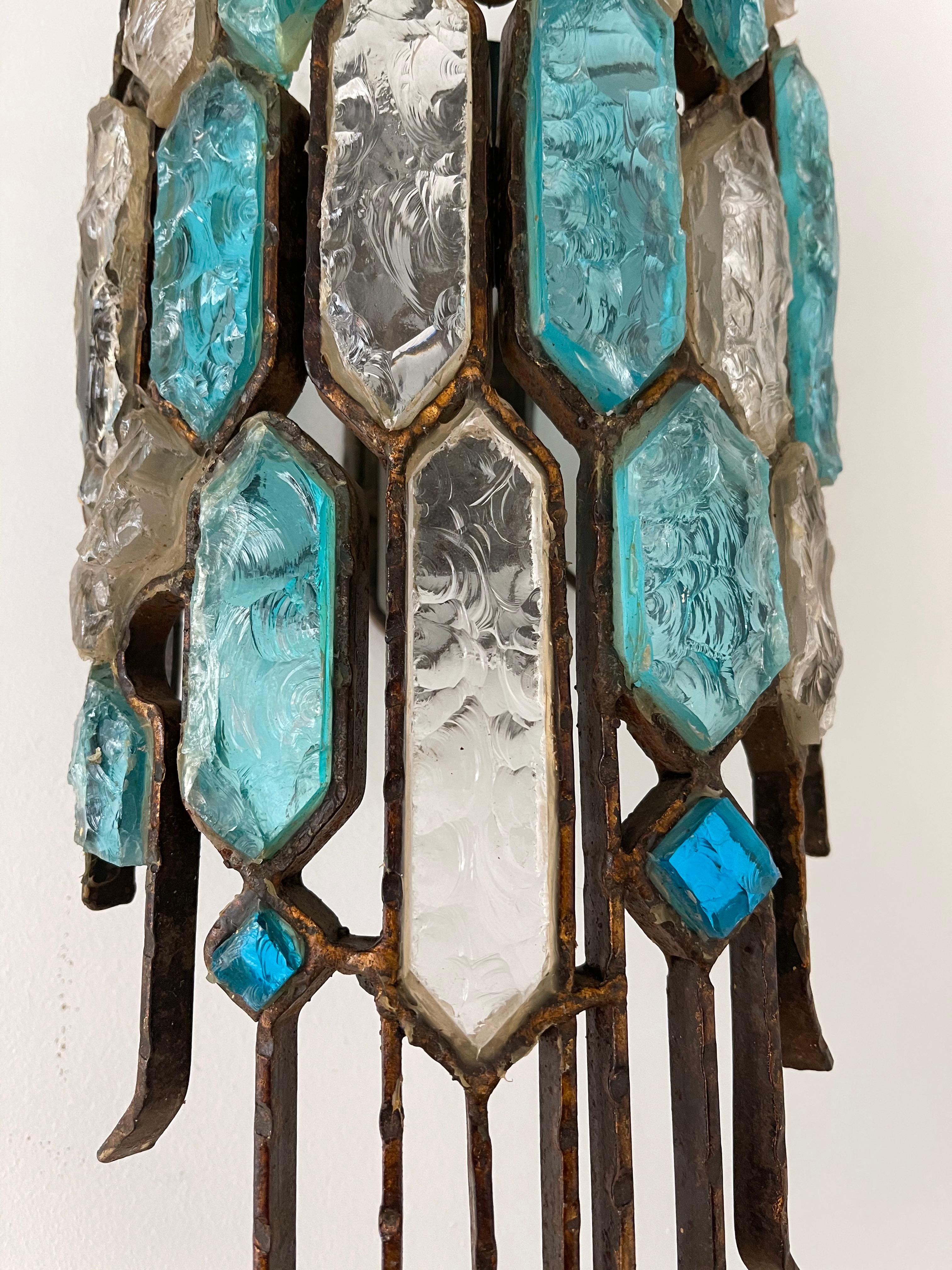 Pair of Hammered Glass and Wrought Iron Sconces by Longobard, Italy, 1970s 3
