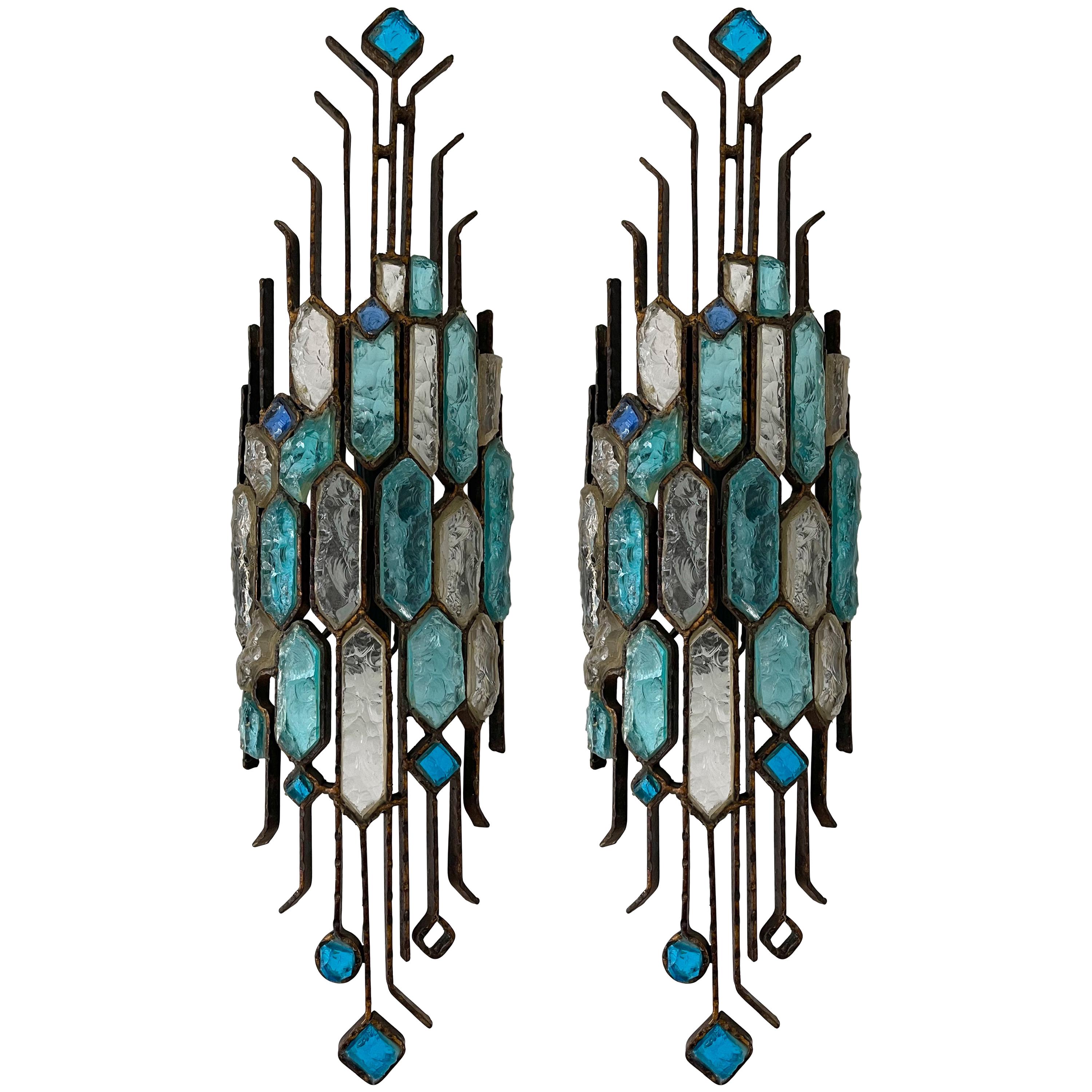 Pair of Hammered Glass and Wrought Iron Sconces by Longobard, Italy, 1970s