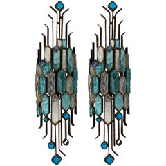 Pair of Hammered Glass and Wrought Iron Sconces by Longobard, Italy, 1970s