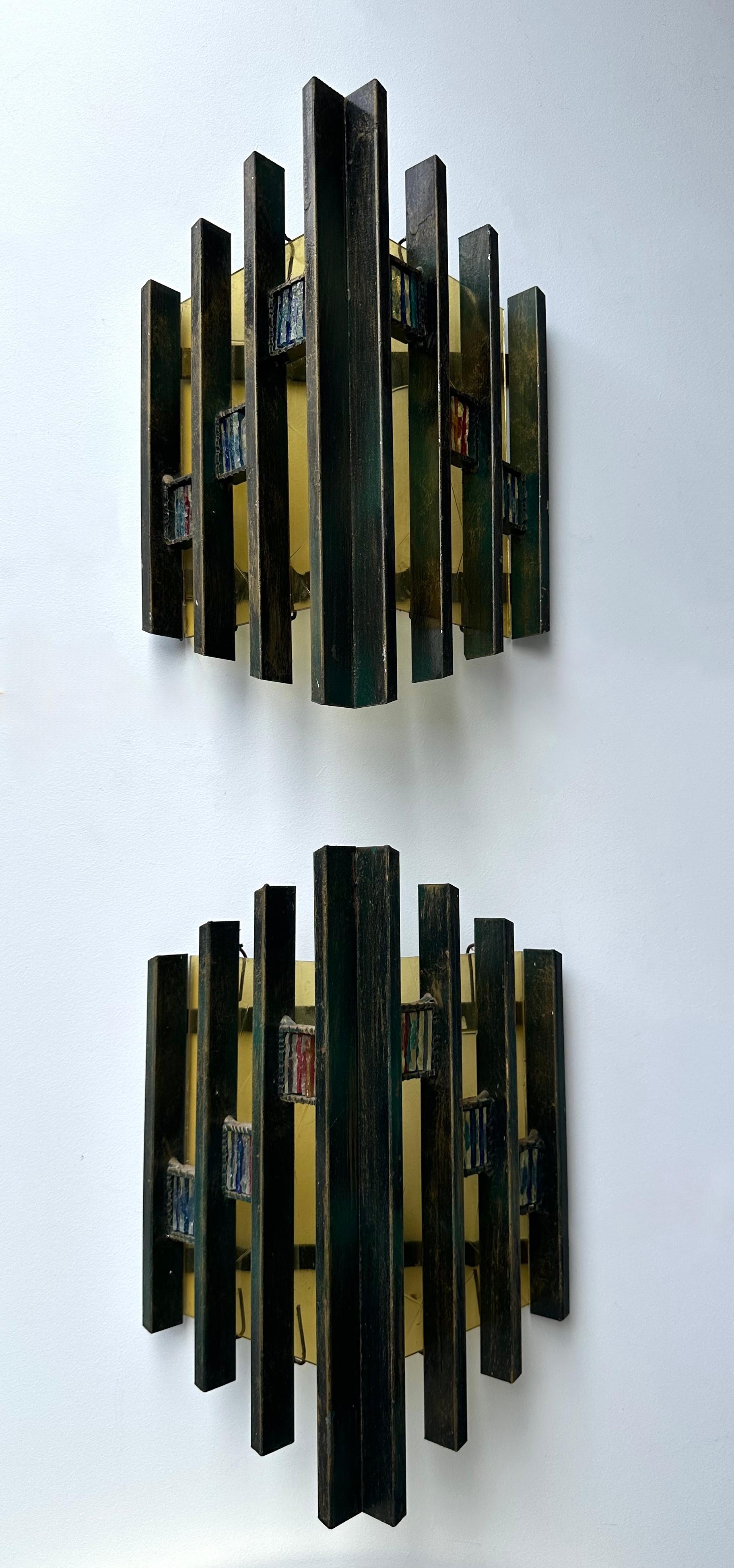 Paire d'appliques en verre martelé et en fer doré par Biancardi, Italie, années 1970 en vente 3