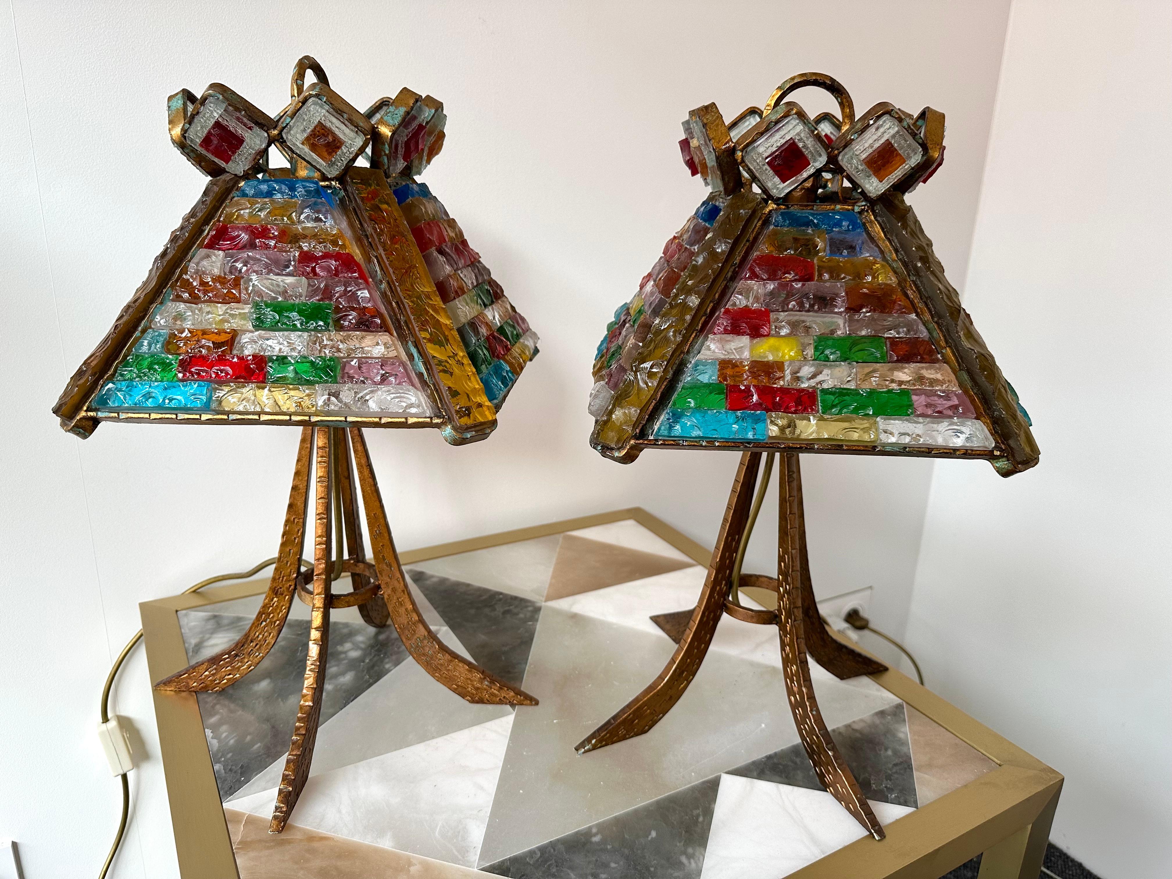 Pair of Hammered Glass Gilt Wrought Iron Lamps by Longobard, Italy, 1970s For Sale 5