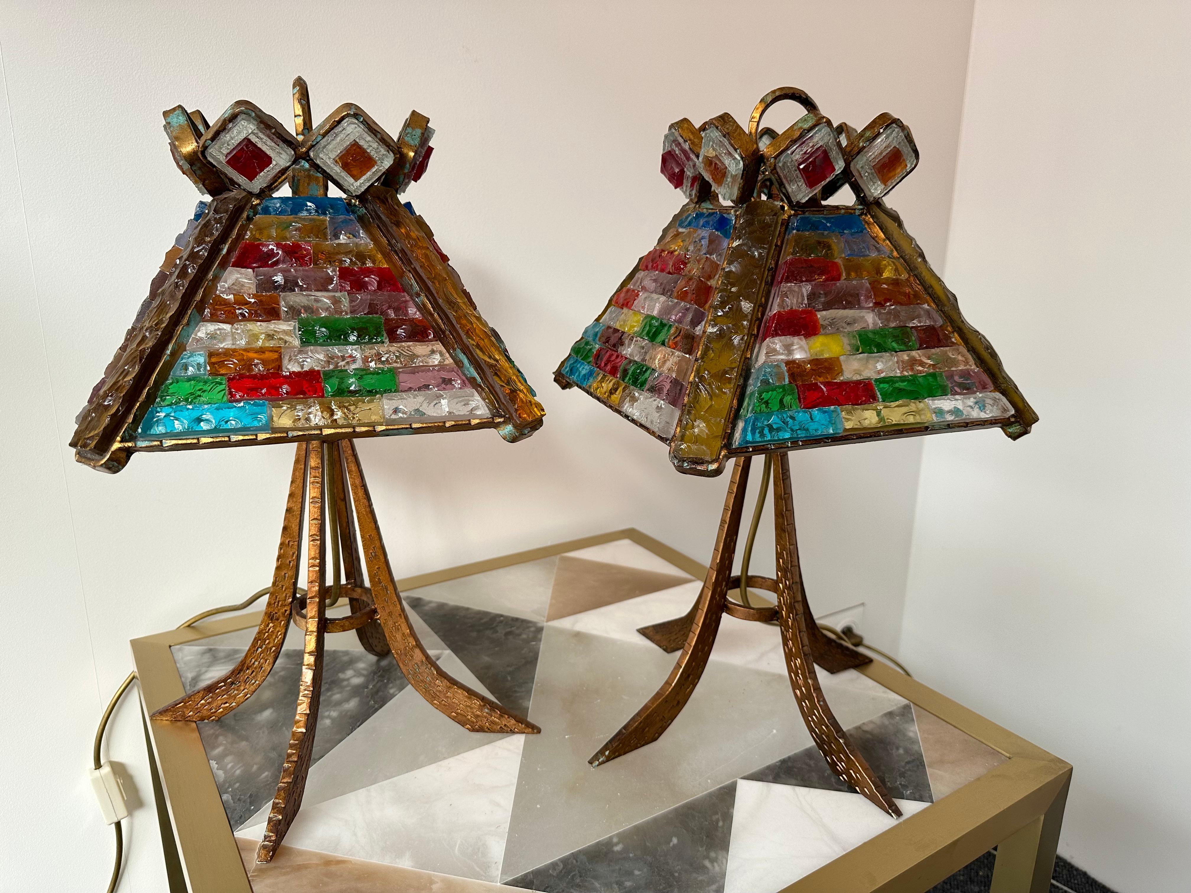 Pair of Hammered Glass Gilt Wrought Iron Lamps by Longobard, Italy, 1970s For Sale 6