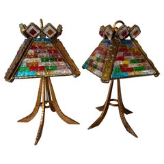 Paire de lampes en verre martelé et fer forgé doré de Longobard, Italie, 1970