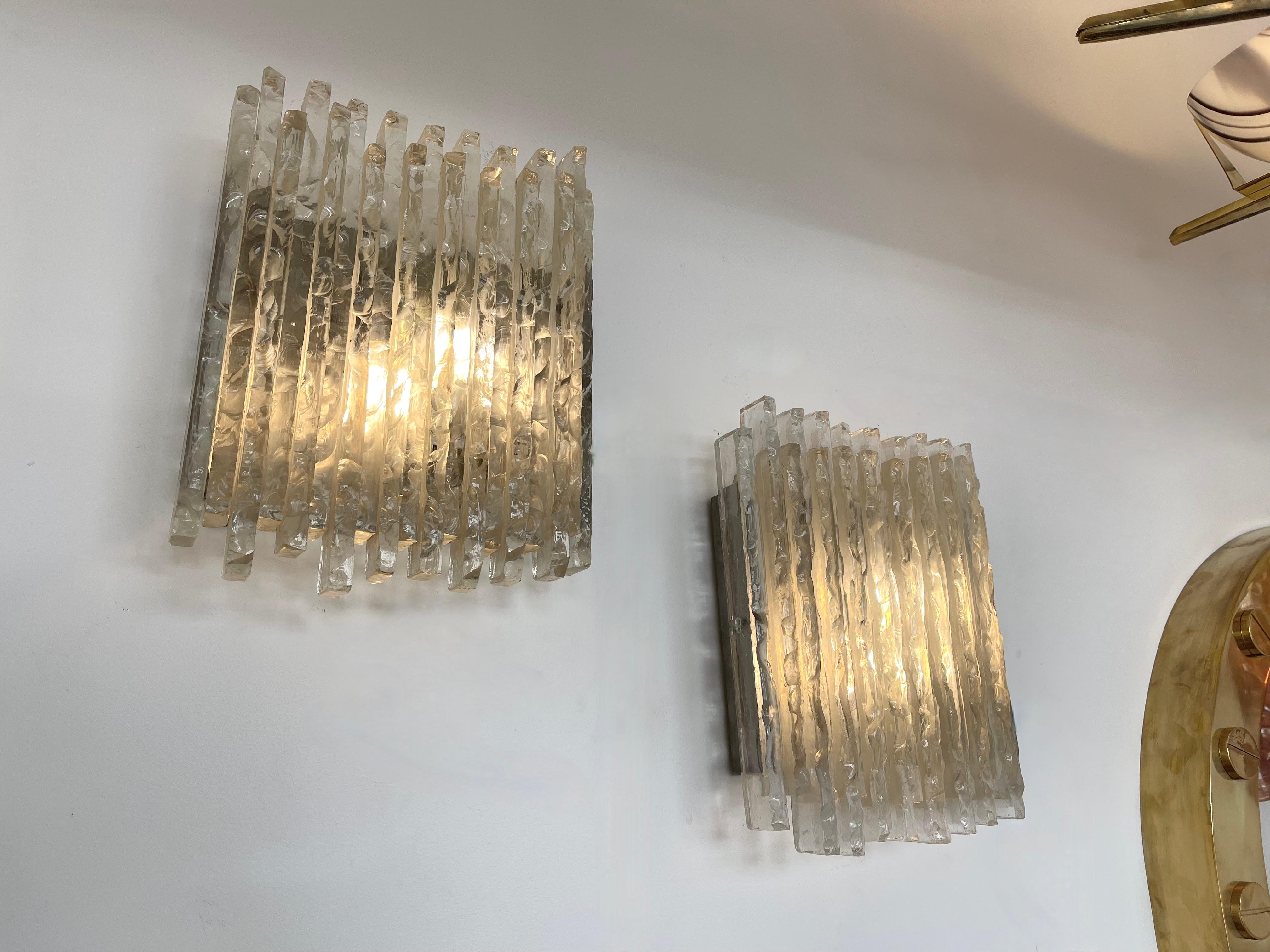 Space Age Pair of Hammered Glass Ice Sconces by Poliarte, Italy, 1970s