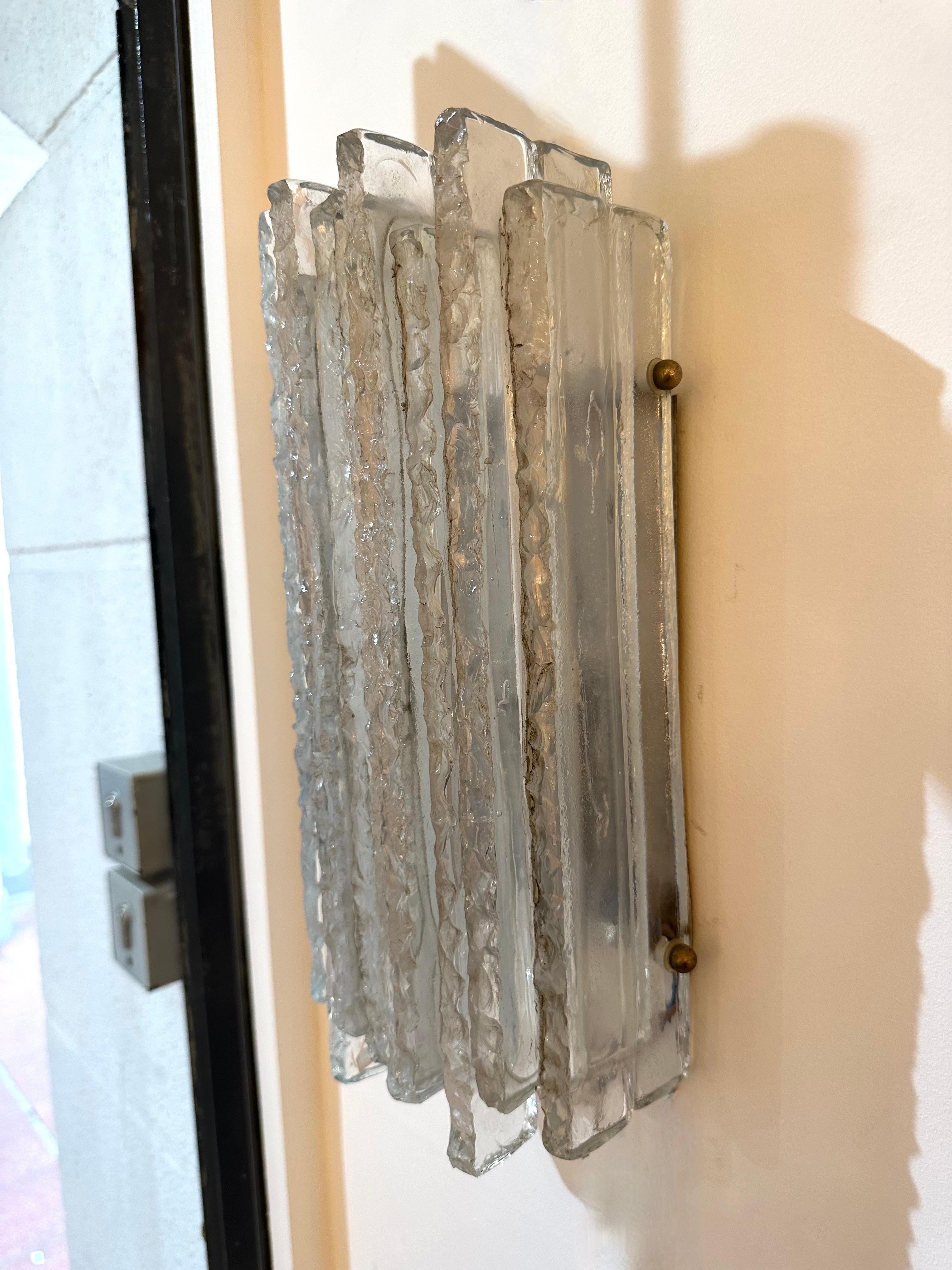 Metal Pair of Hammered Glass Ice Sconces by Poliarte, Italy, 1970s For Sale