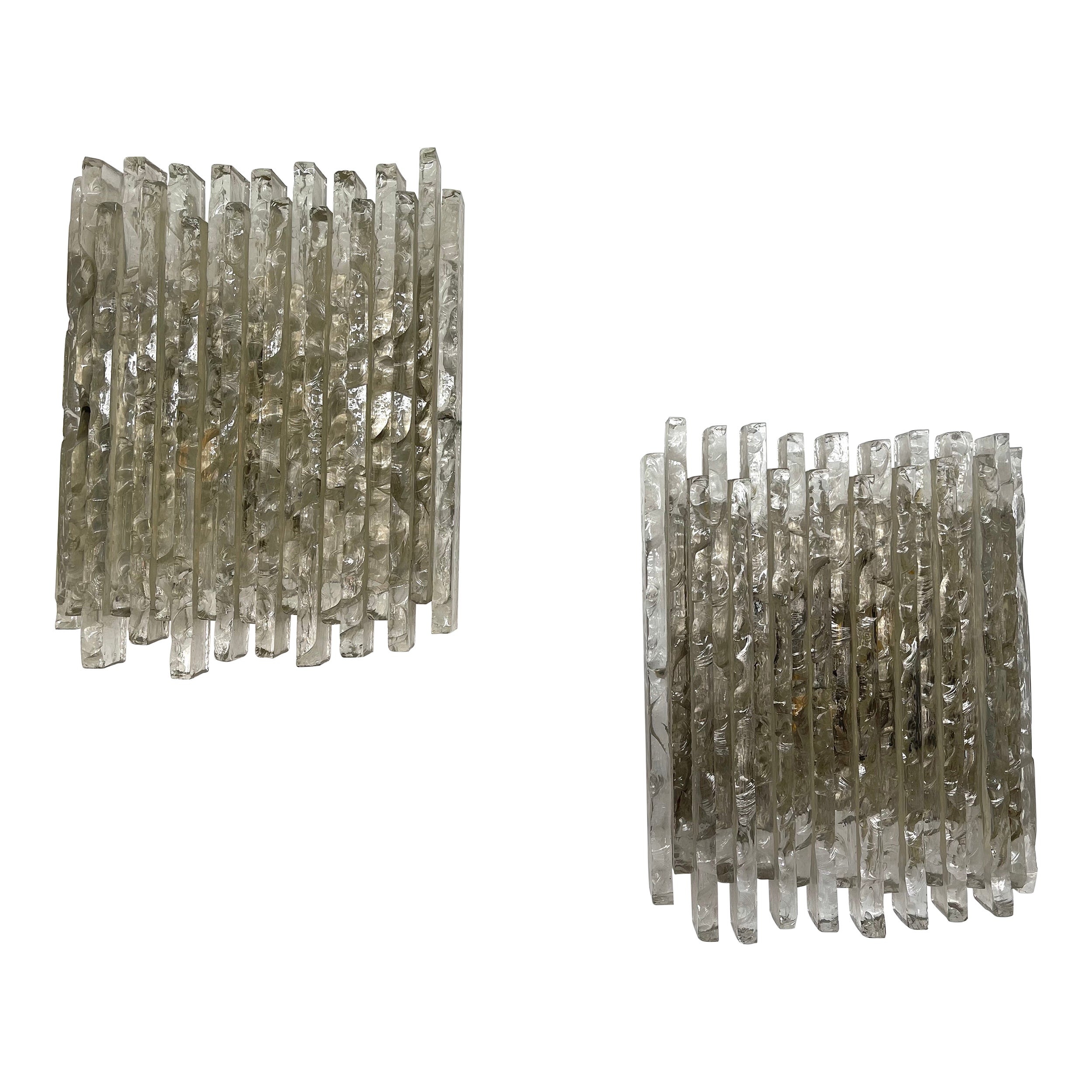 Pair of Hammered Glass Ice Sconces by Poliarte, Italy, 1970s