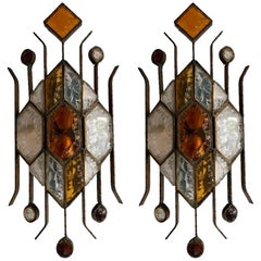 Pair of Hammered Glass Sconces by Longobard, Italy, 1970s Pair of Hammered Glass Sconces by Longobard, Italy, 1970s