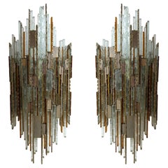 Pair of Hammered Glass Silver Iron Sconces by Poliarte, Italy, 1970s