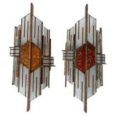 Pair of Hammered Glass Wrought Gilt Iron Sconces by Biancardi, Italy, 1970s