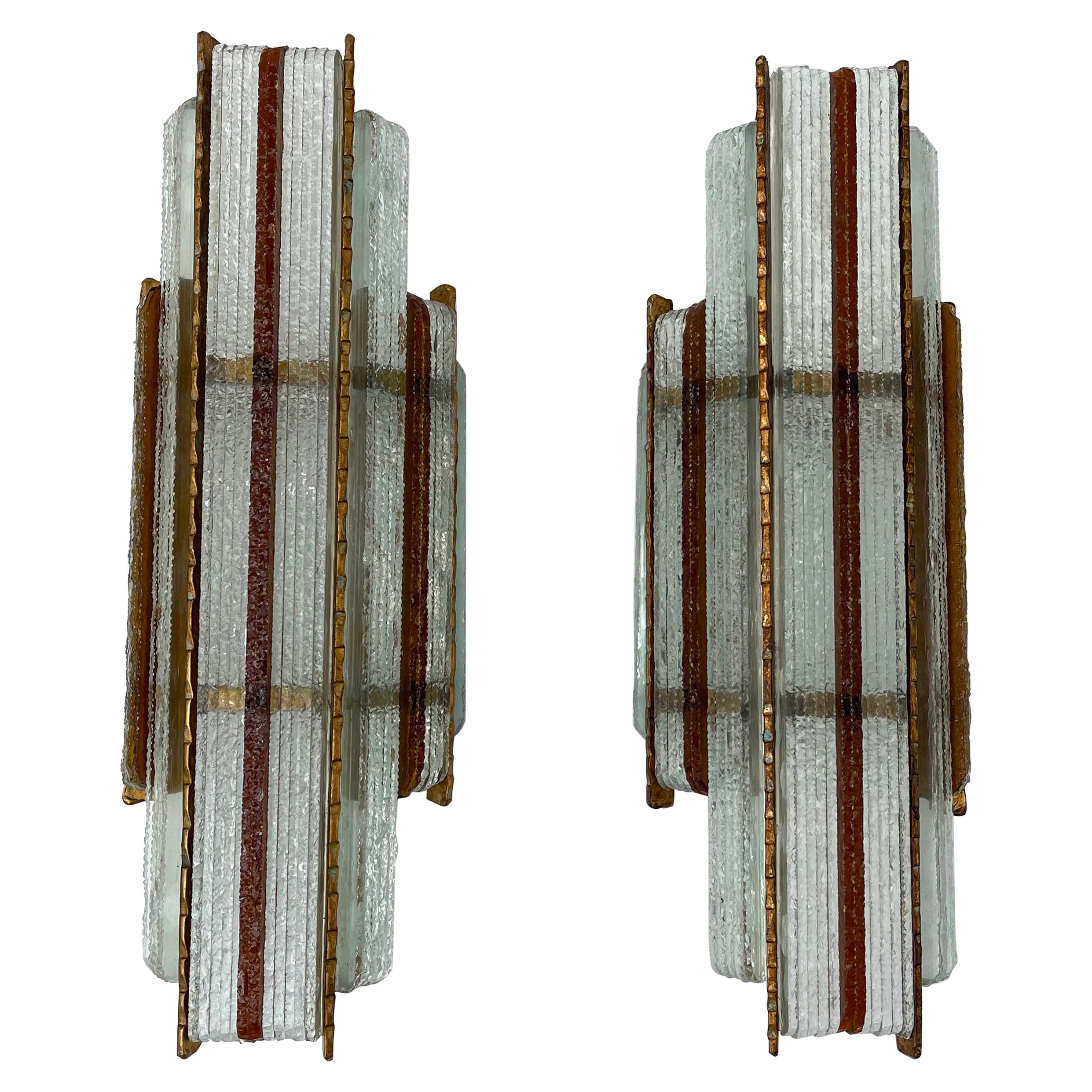 Pair of Hammered Glass Wrought Gilt Iron Sconces by Biancardi, Italy, 1970s