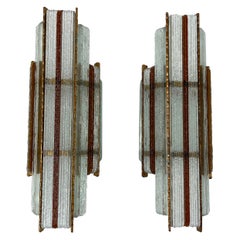 Pair of Hammered Glass Wrought Gilt Iron Sconces by Biancardi, Italy, 1970s