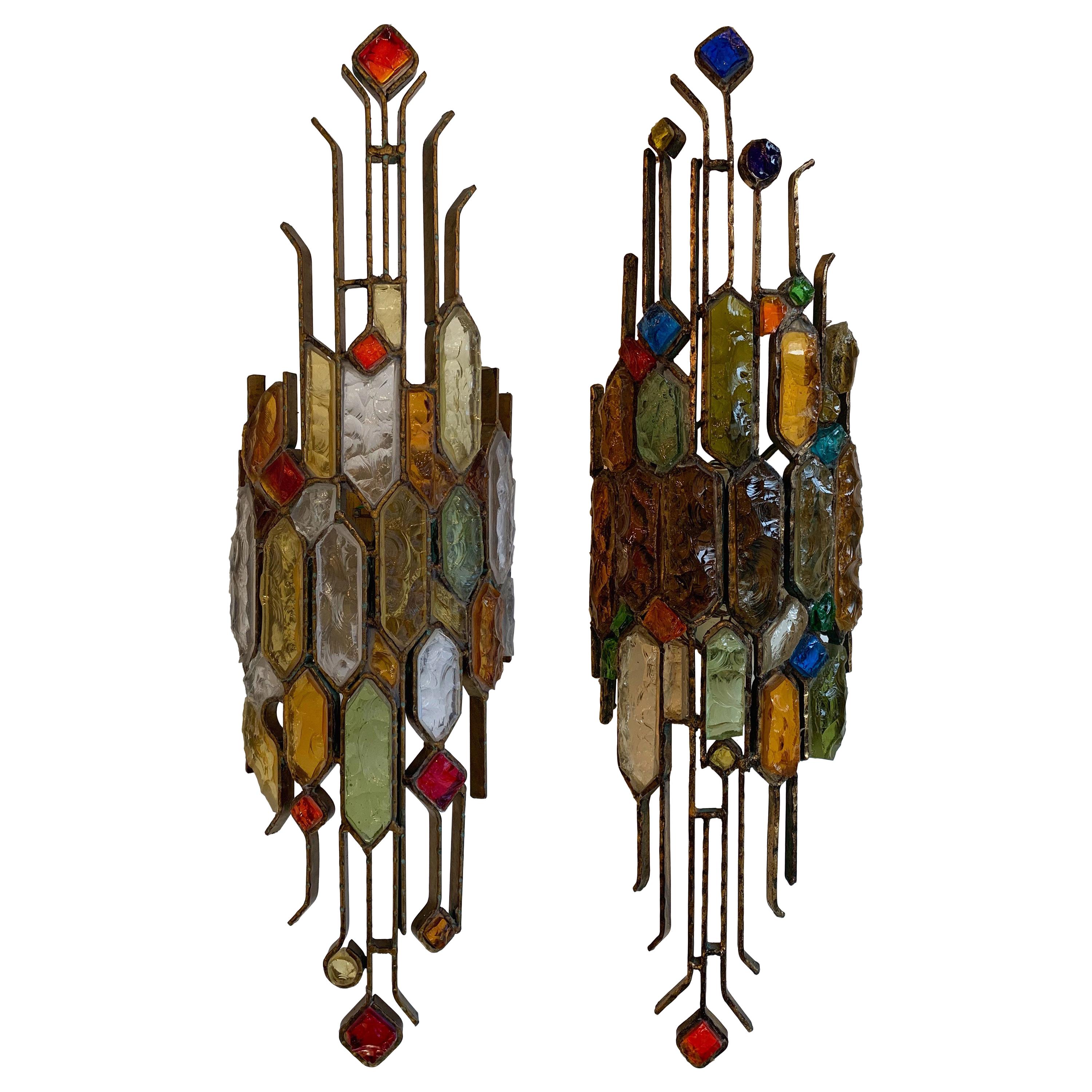 Pair of Hammered Glass Wrought Iron by Longobard, Italy, 1970s