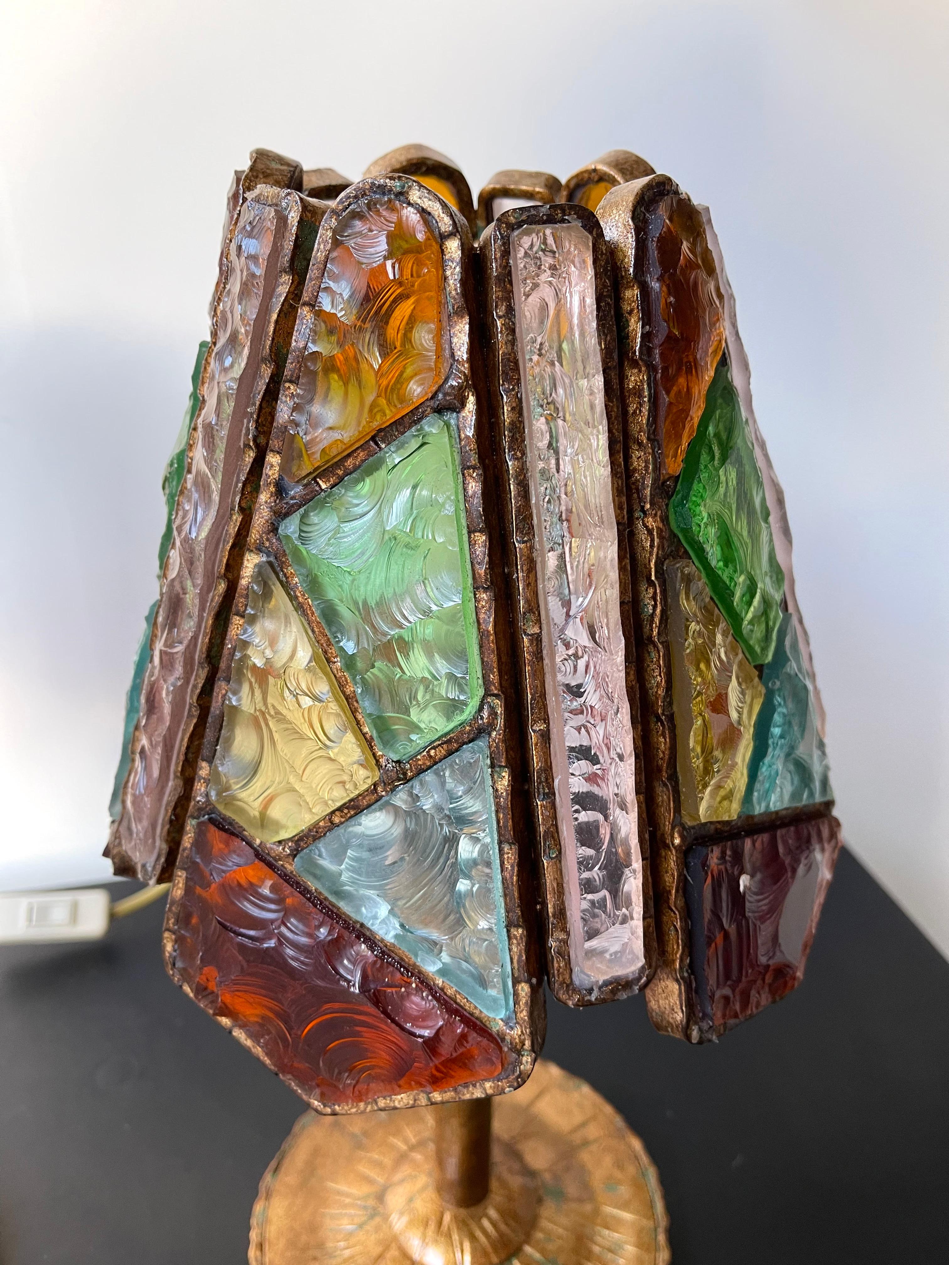 Brutalist Pair of Hammered Glass Wrought Iron Lamps by Longobard, Italy, 1970s For Sale