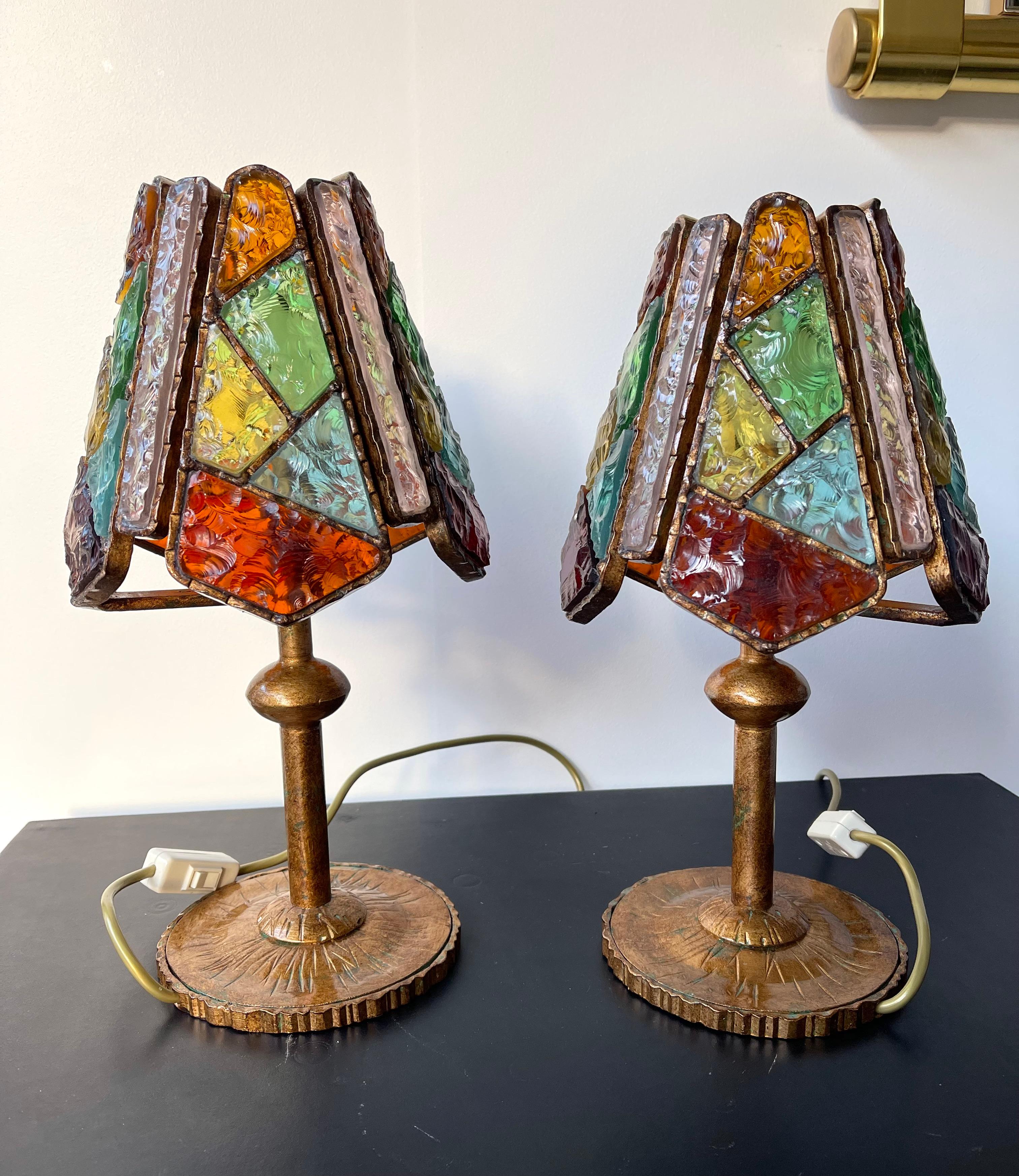 Pair of Hammered Glass Wrought Iron Lamps by Longobard, Italy, 1970s In Good Condition For Sale In SAINT-OUEN, FR