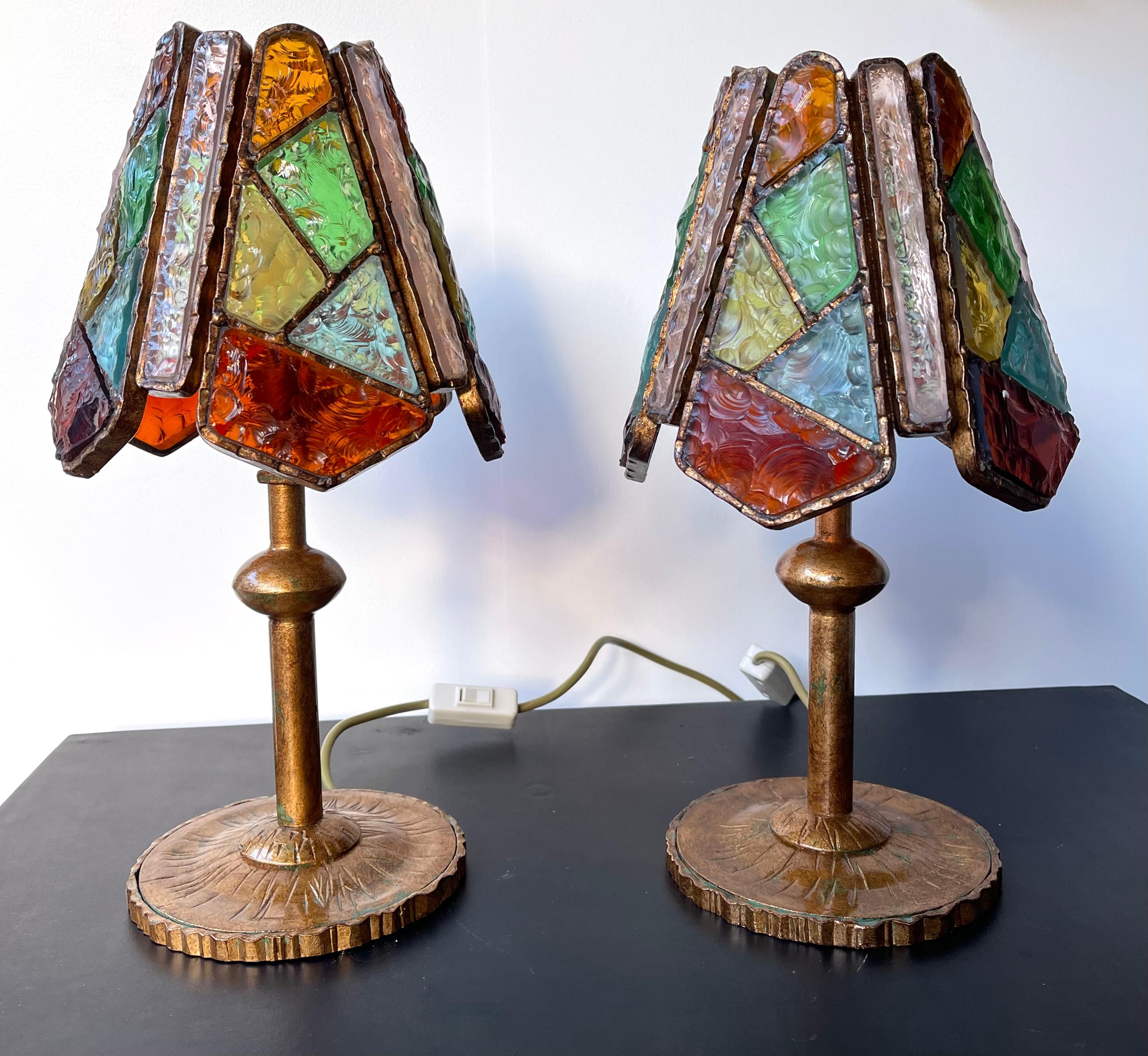 Pair of Hammered Glass Wrought Iron Lamps by Longobard, Italy, 1970s For Sale 2