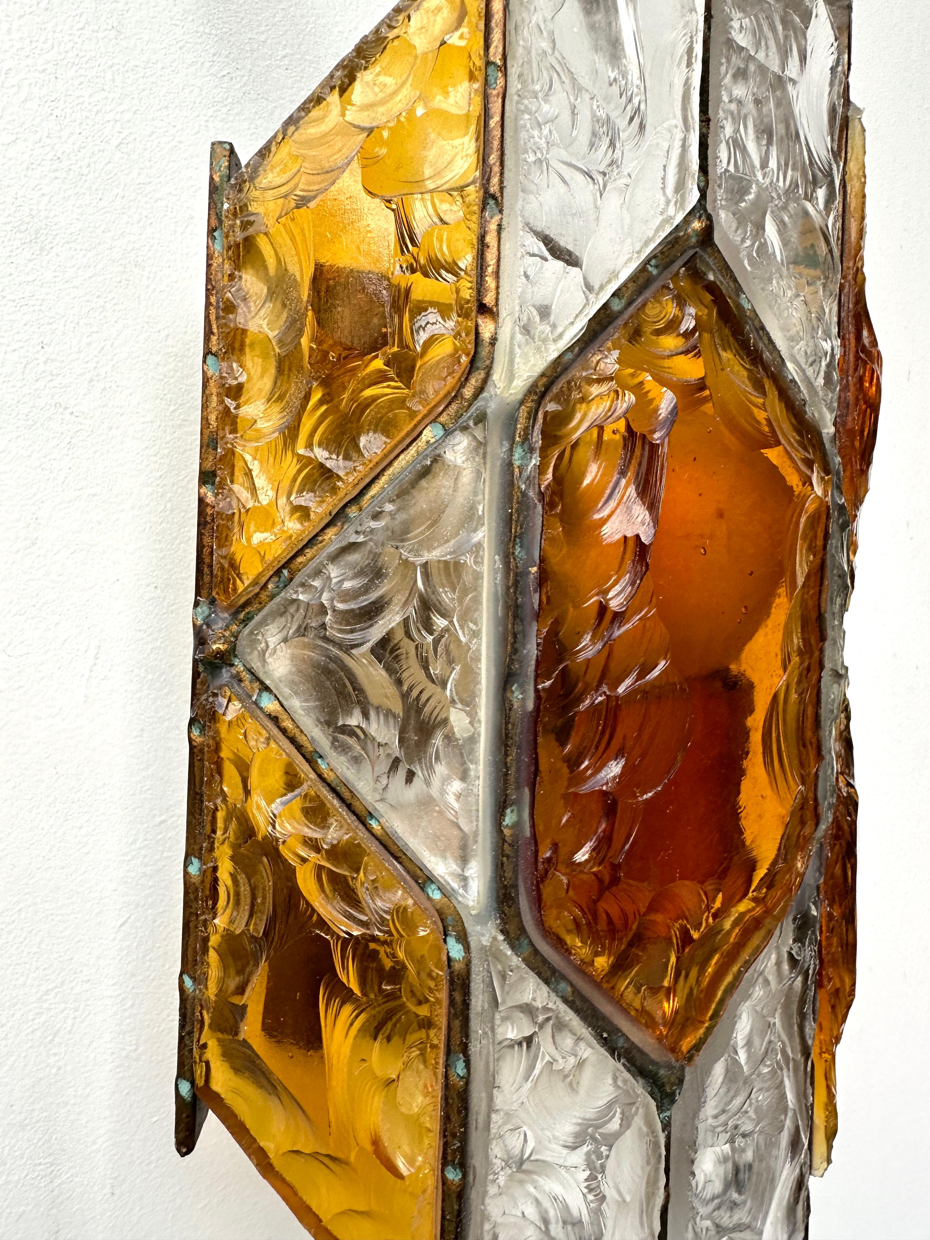 Pair of Hammered Glass Wrought Iron Sconces by Longobard, Italy, 1970s 4