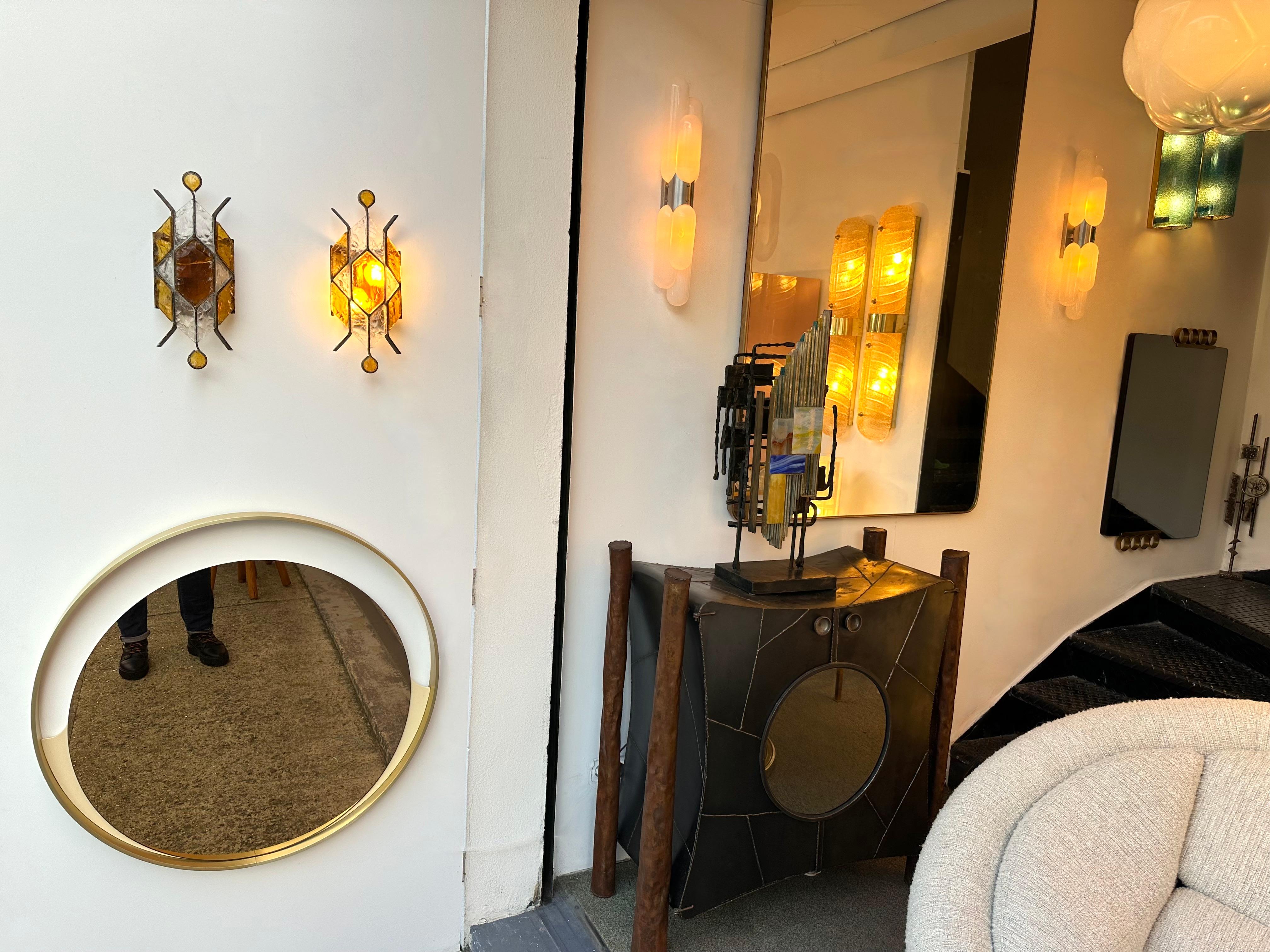 Pair of Hammered Glass Wrought Iron Sconces by Longobard, Italy, 1970s 1