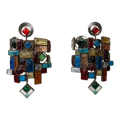Pair of Hammered Glass Wrought Iron Sconce by Longobard, Italy, 1970s