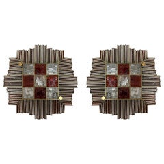 Pair of Hammered Glass Wrought Iron Sconces by Biancardi Jordan, Italy, 1970s