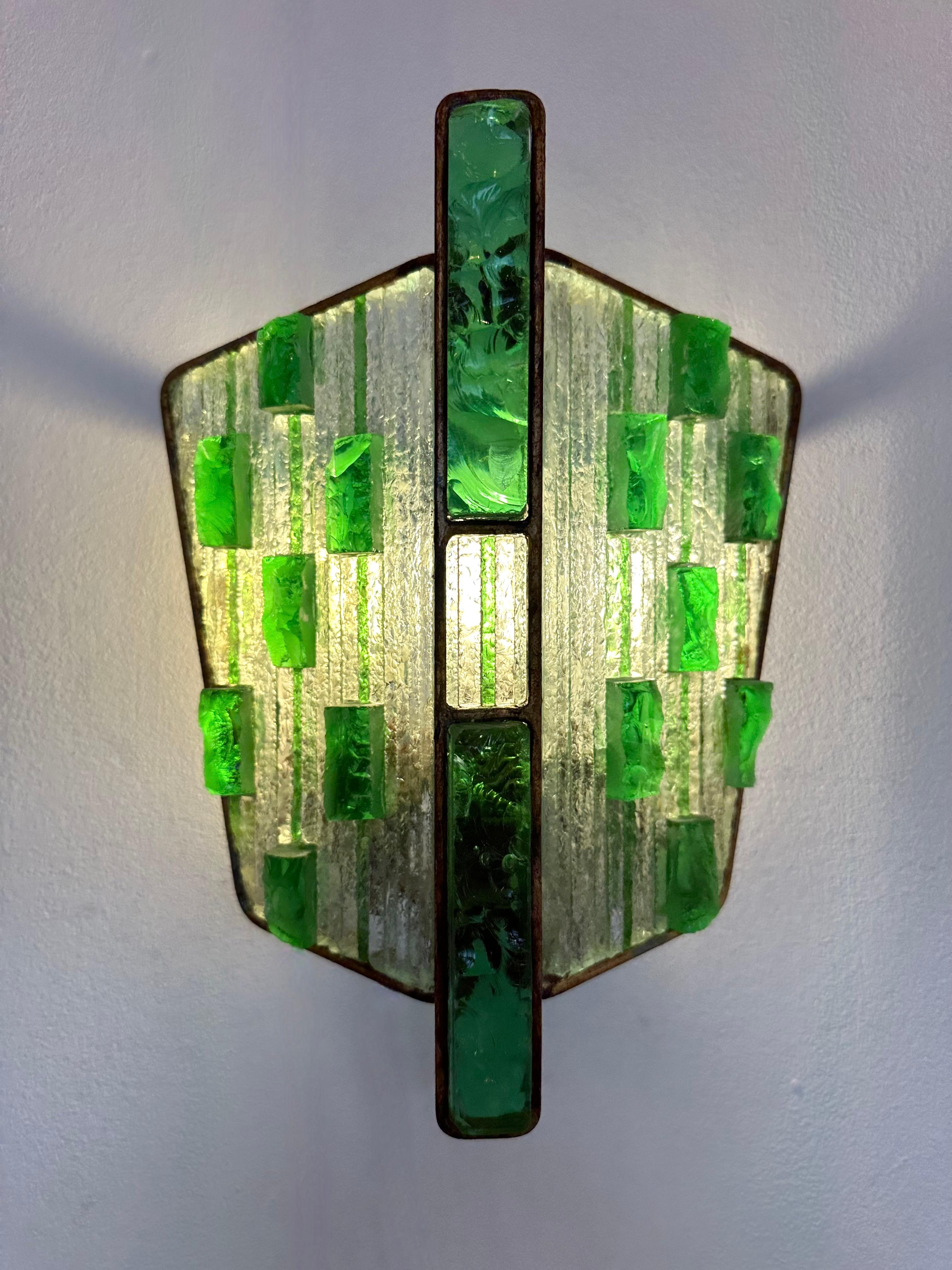 Pair of Hammered Glass Wrought Iron Sconces by Longobard, Italy, 1970s 4